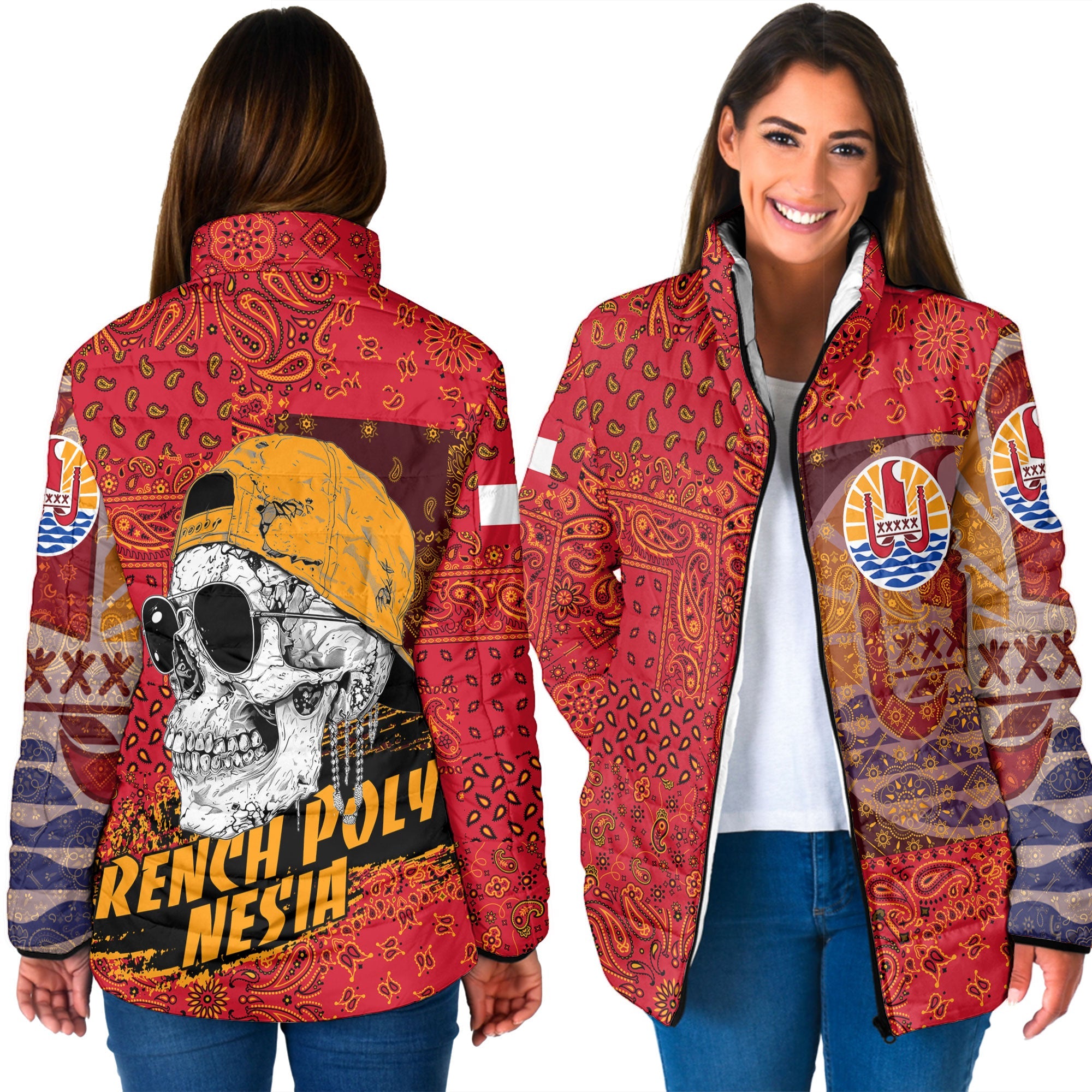 French Polynesia Women Padded Jacket Paisley Flag And Skull Style 3