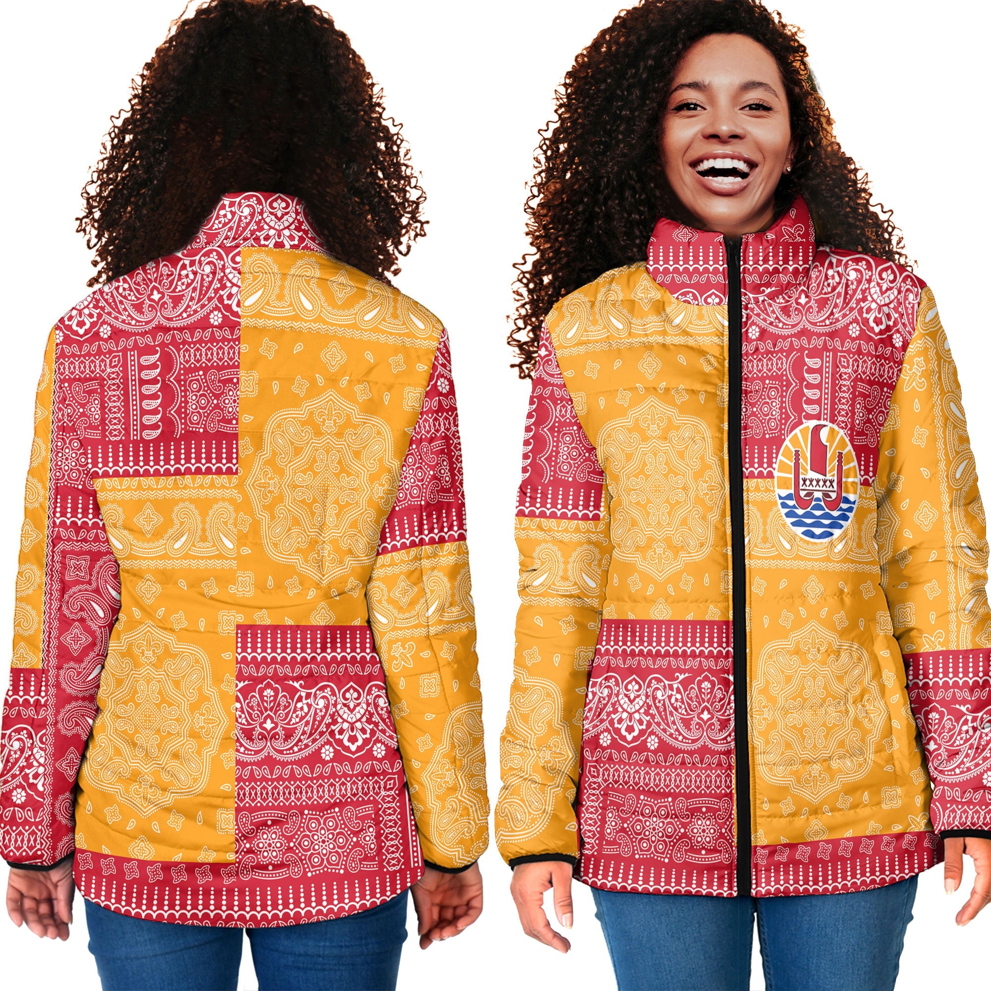 French Polynesia Women Padded Jacket Flag And Paisley Basic Style 4