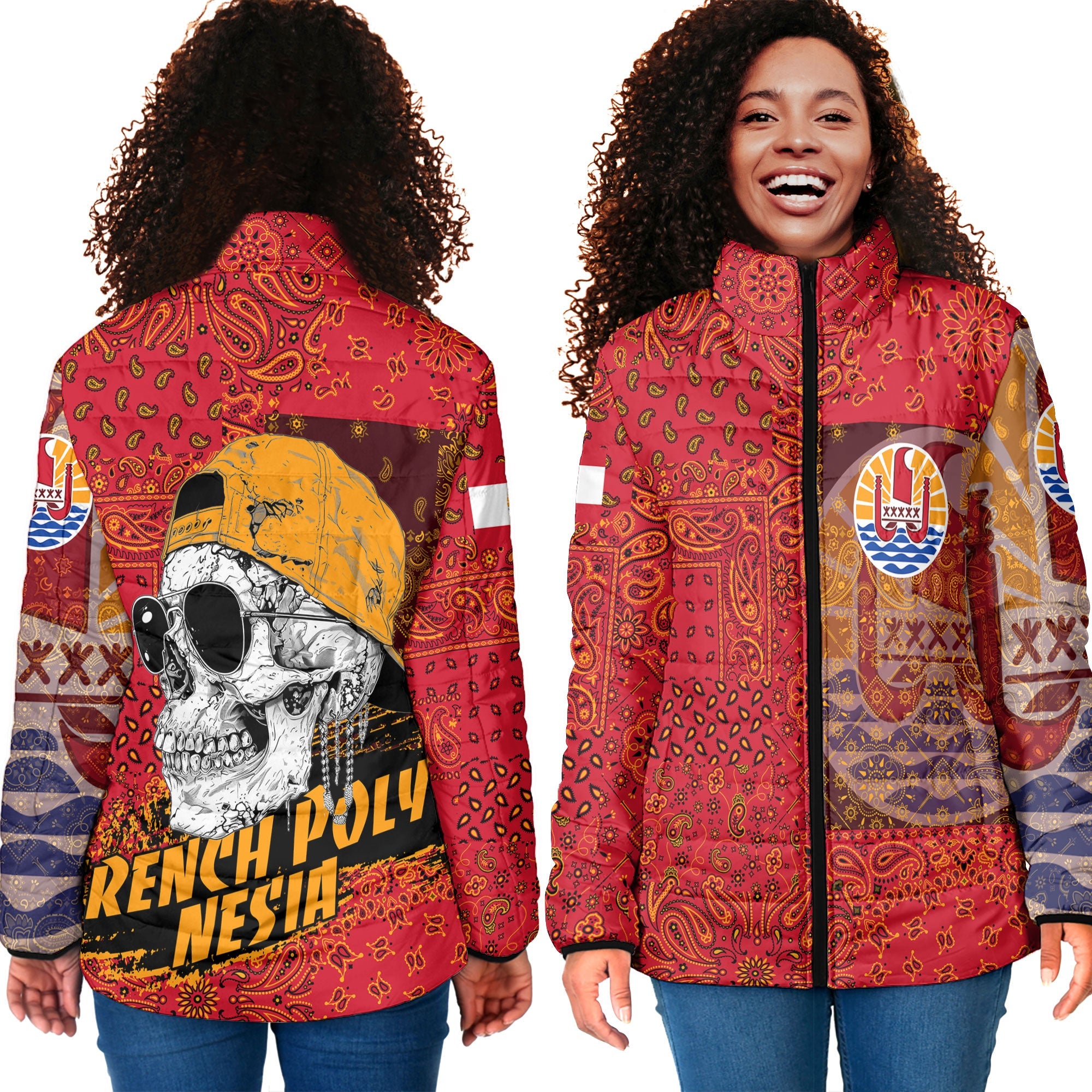 French Polynesia Women Padded Jacket Paisley Flag And Skull Style 4