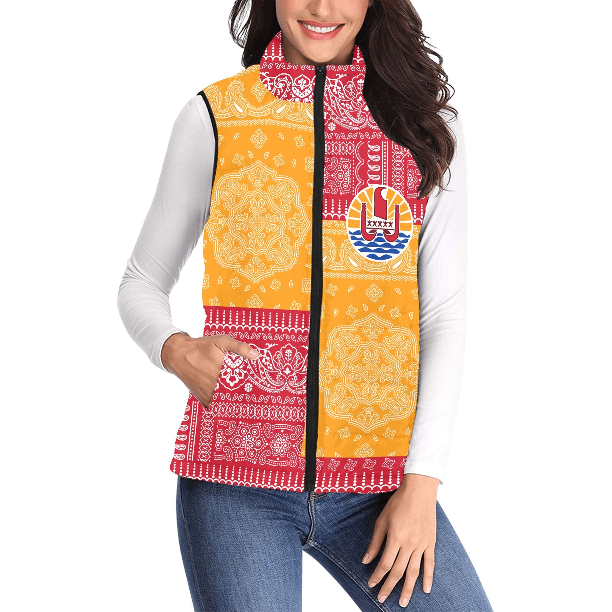 French Polynesia Women Padded Jacket Vest Flag And Paisley Basic Style 1