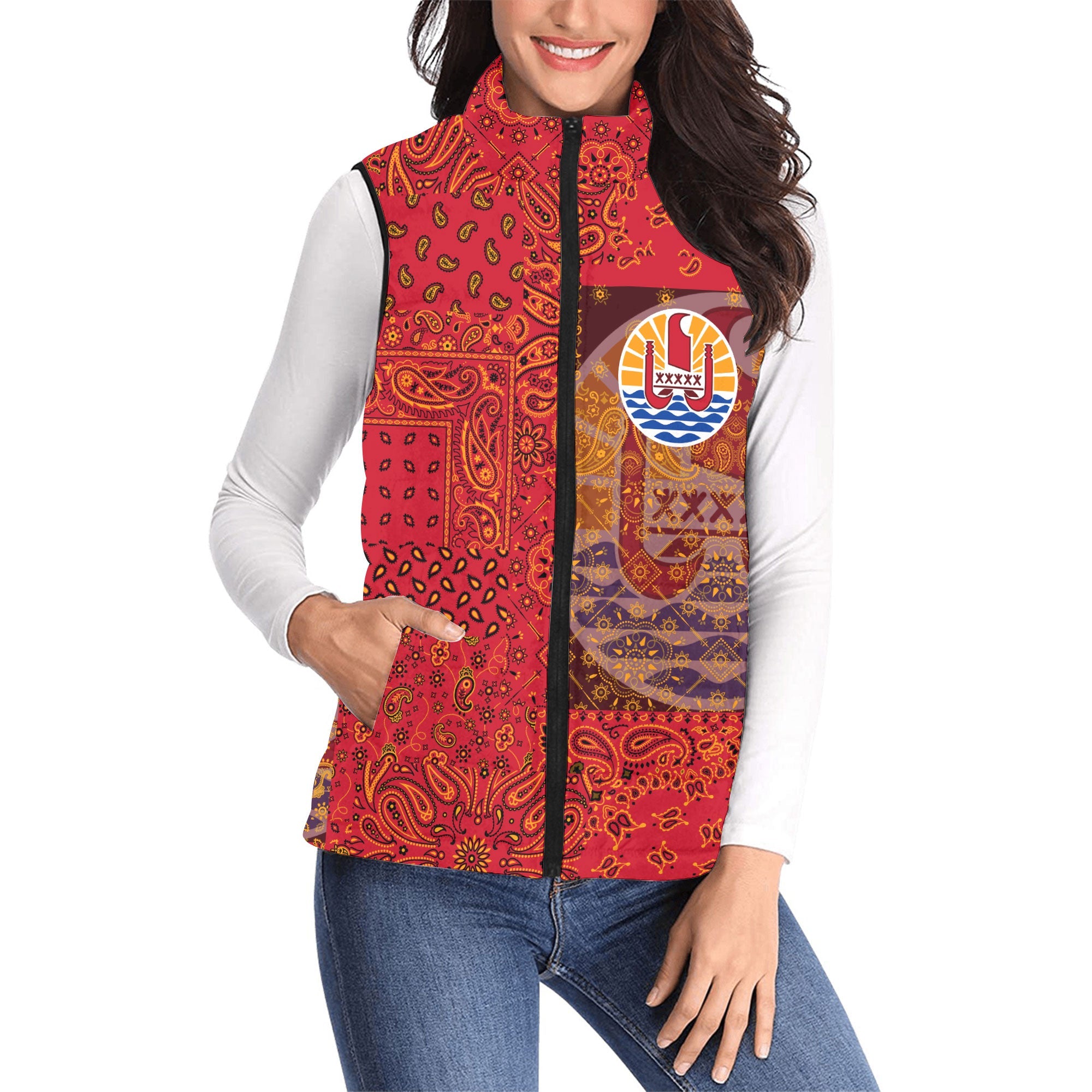 French Polynesia Women Padded Jacket Vest Paisley Flag And Skull Style 1