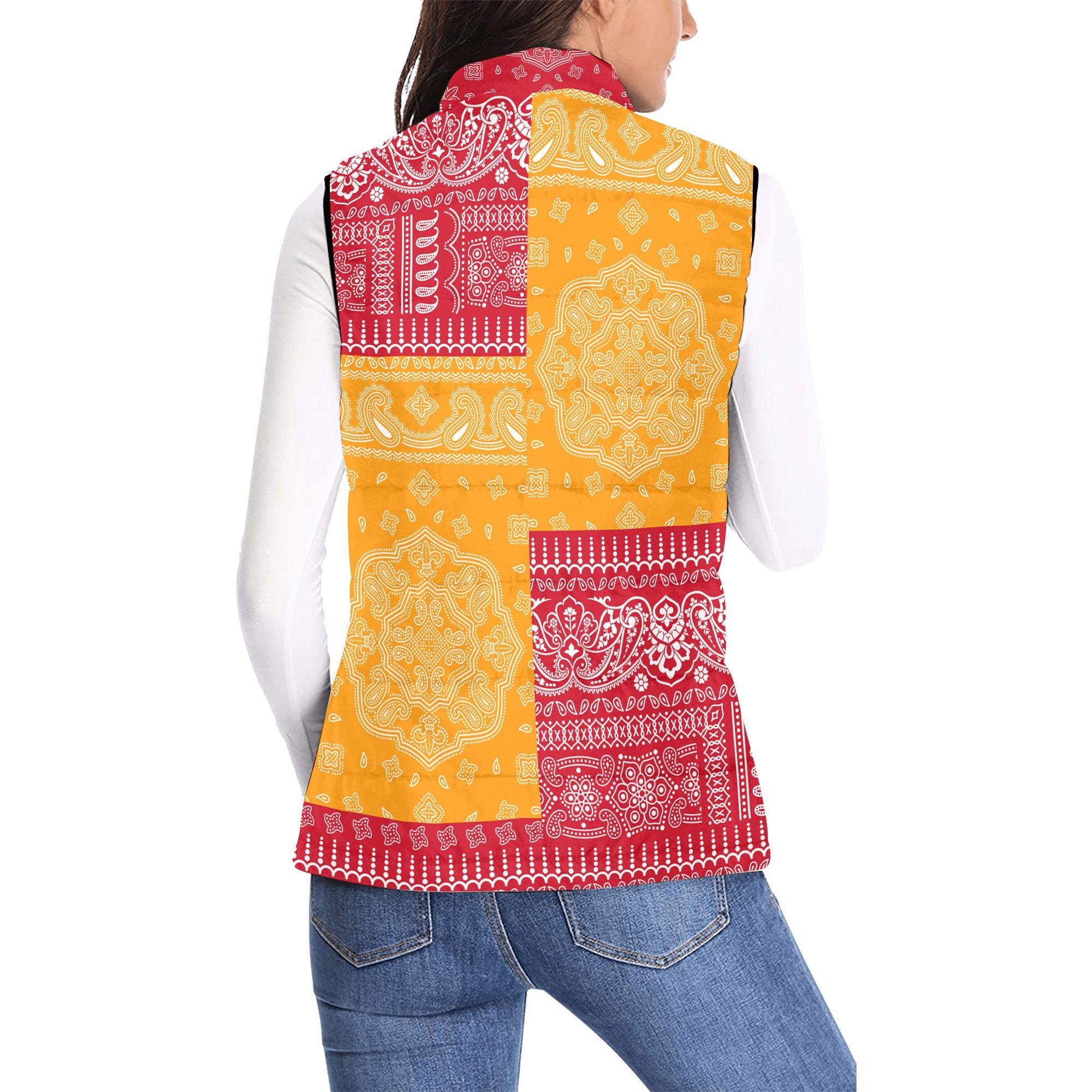 French Polynesia Women Padded Jacket Vest Flag And Paisley Basic Style 2