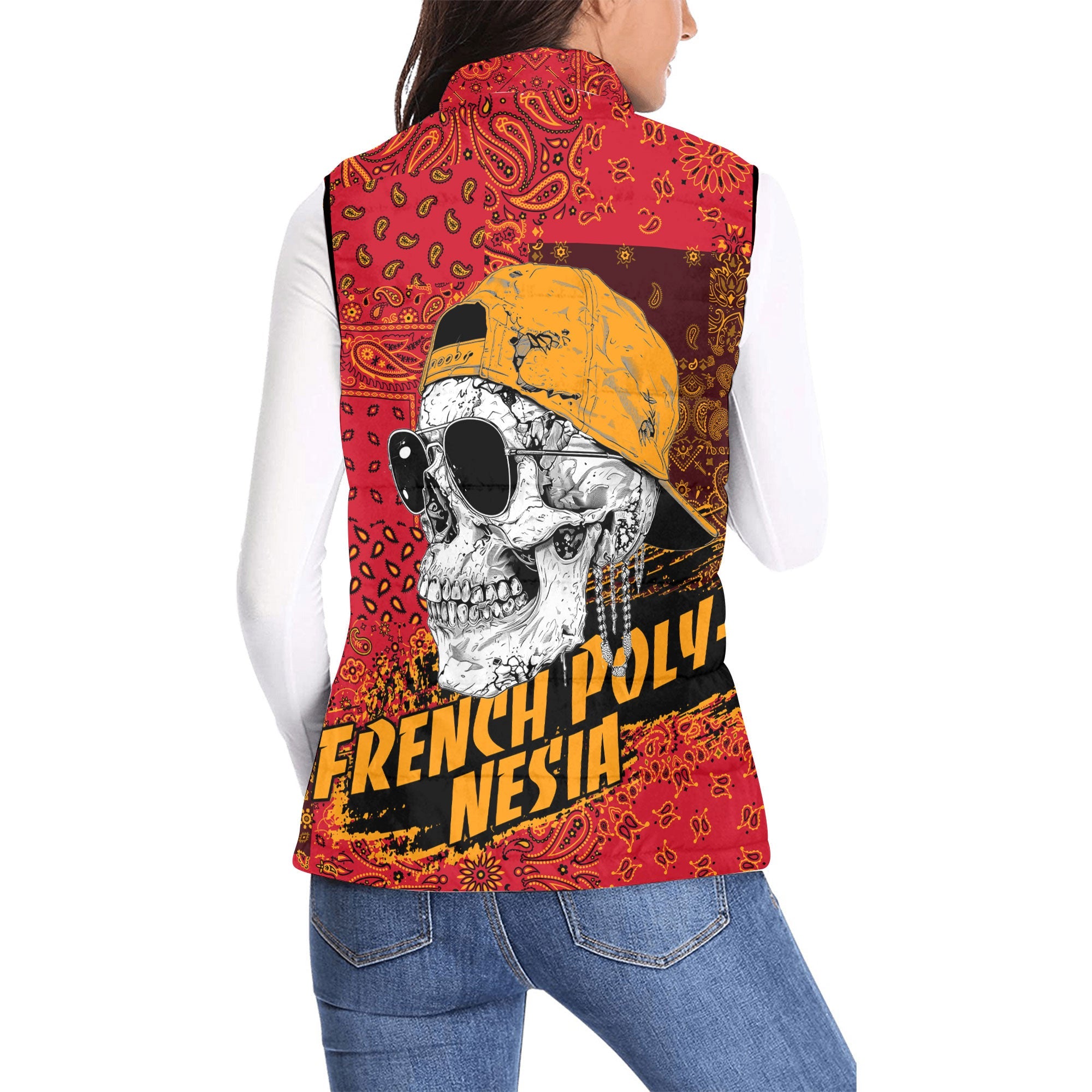 French Polynesia Women Padded Jacket Vest Paisley Flag And Skull Style 2