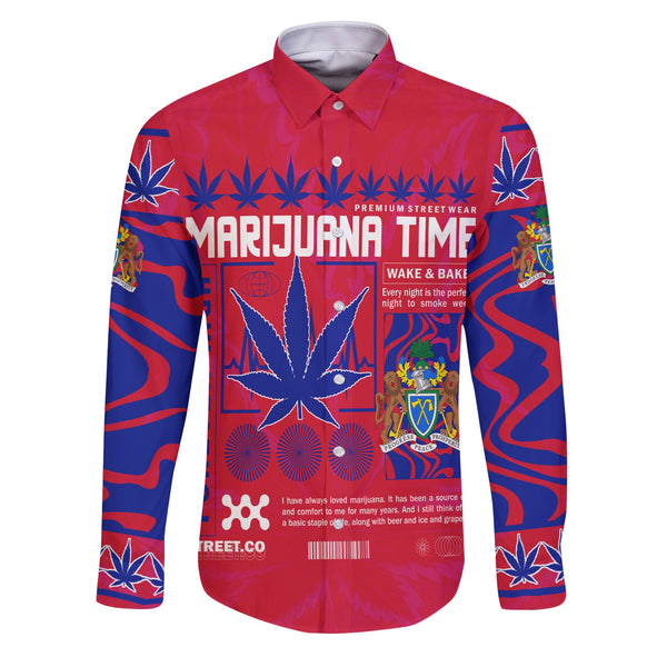 Gambia Long Sleeve Button Shirt Flag & Coat Of Arms Marijuanas Style