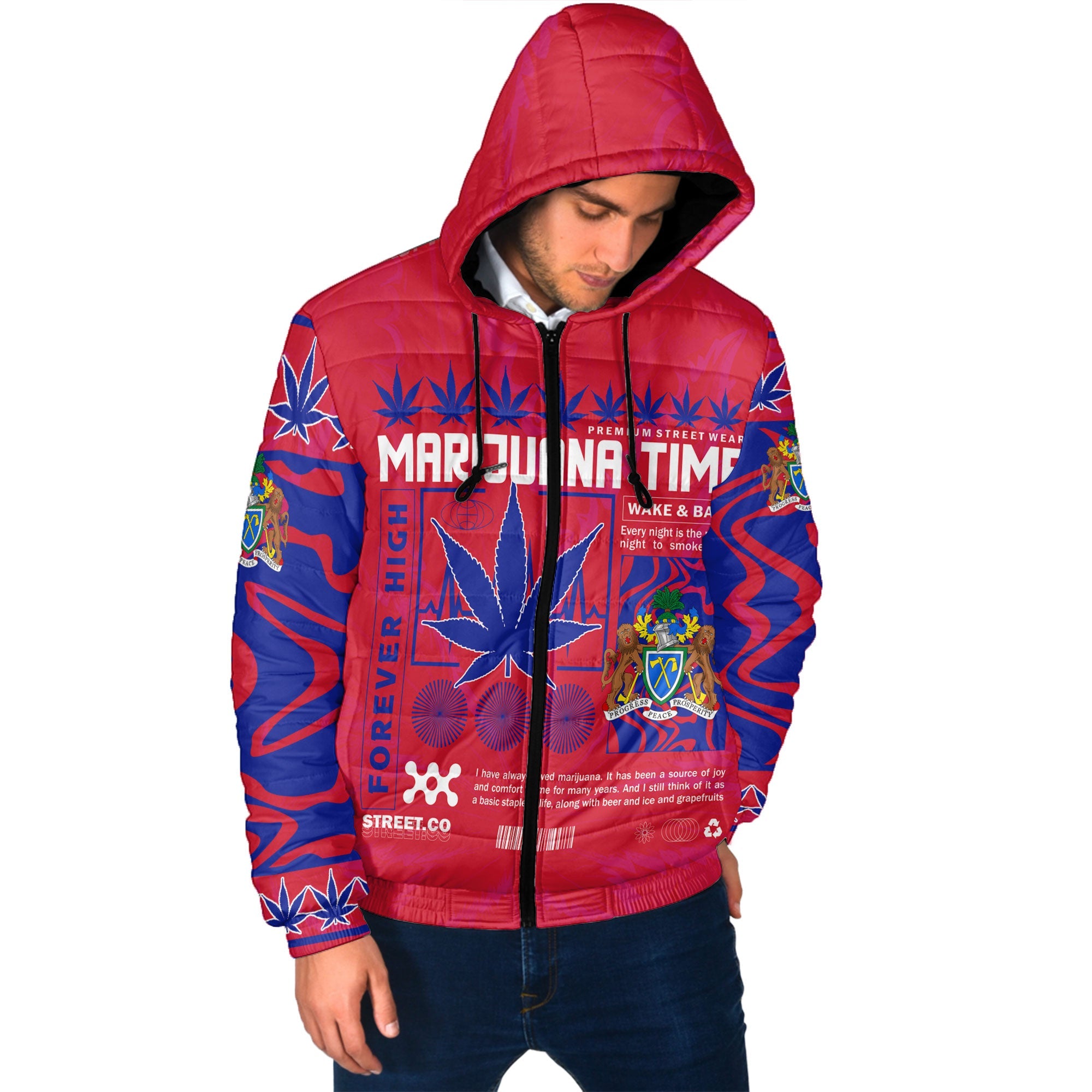 Gambia Men Hooded Padded Jacket Flag & Coat Of Arms Marijuanas Style