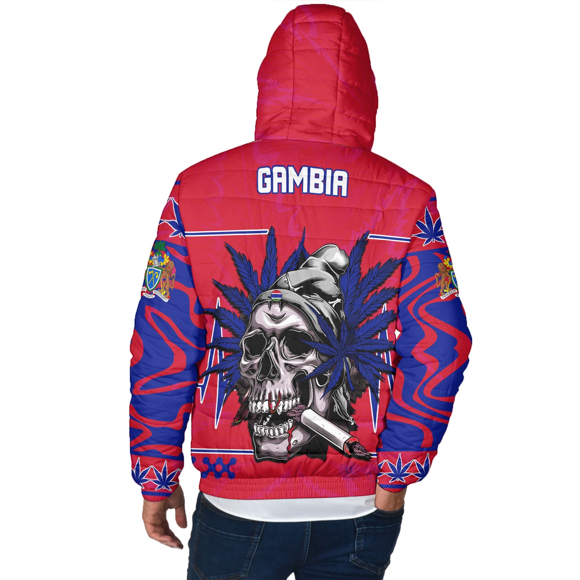 Gambia Men Hooded Padded Jacket Flag & Coat Of Arms Marijuanas Style