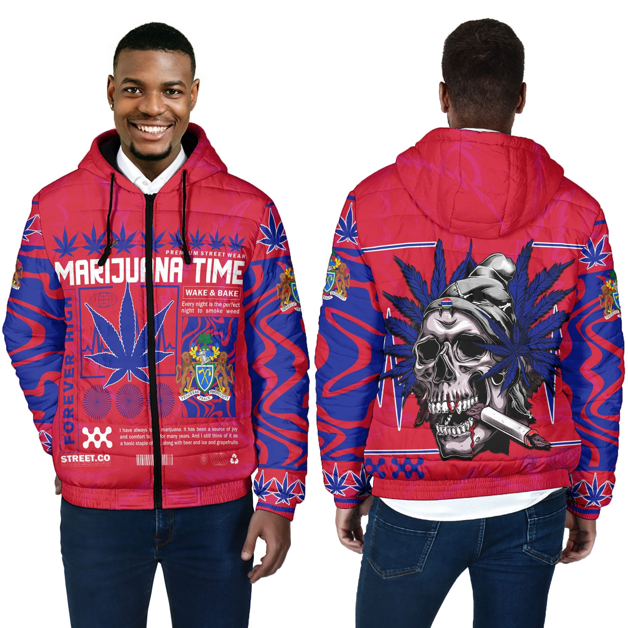 Gambia Men Hooded Padded Jacket Flag & Coat Of Arms Marijuanas Style