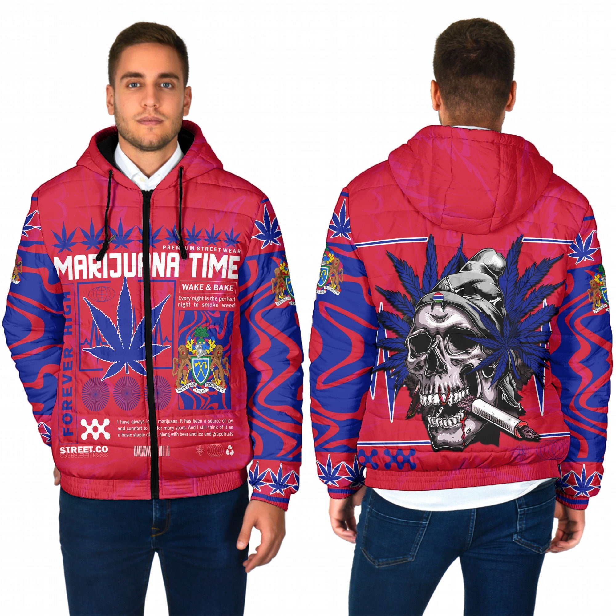 Gambia Men Hooded Padded Jacket Flag & Coat Of Arms Marijuanas Style