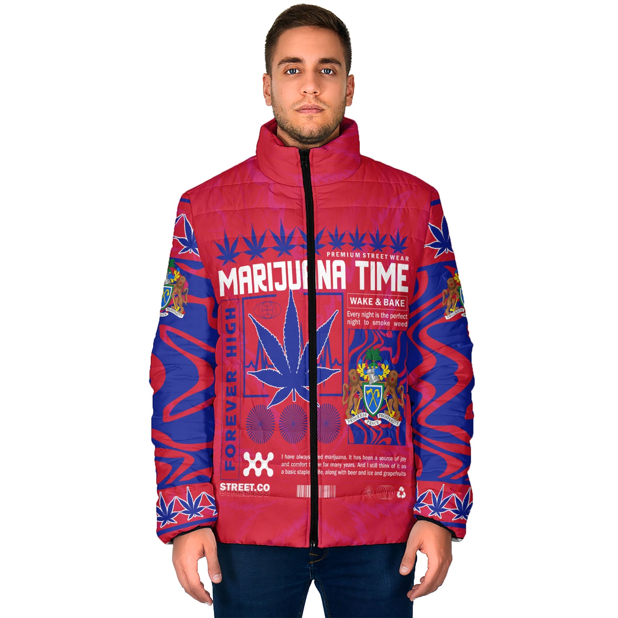 Gambia Men Padded Jacket Flag & Coat Of Arms Marijuanas Style