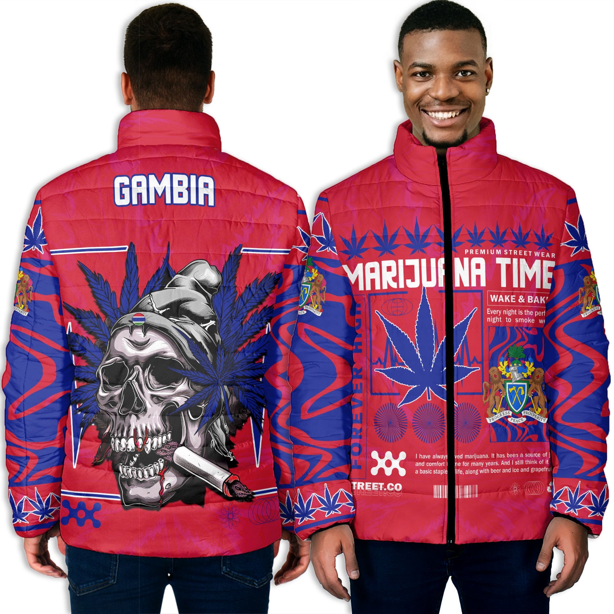 Gambia Men Padded Jacket Flag & Coat Of Arms Marijuanas Style