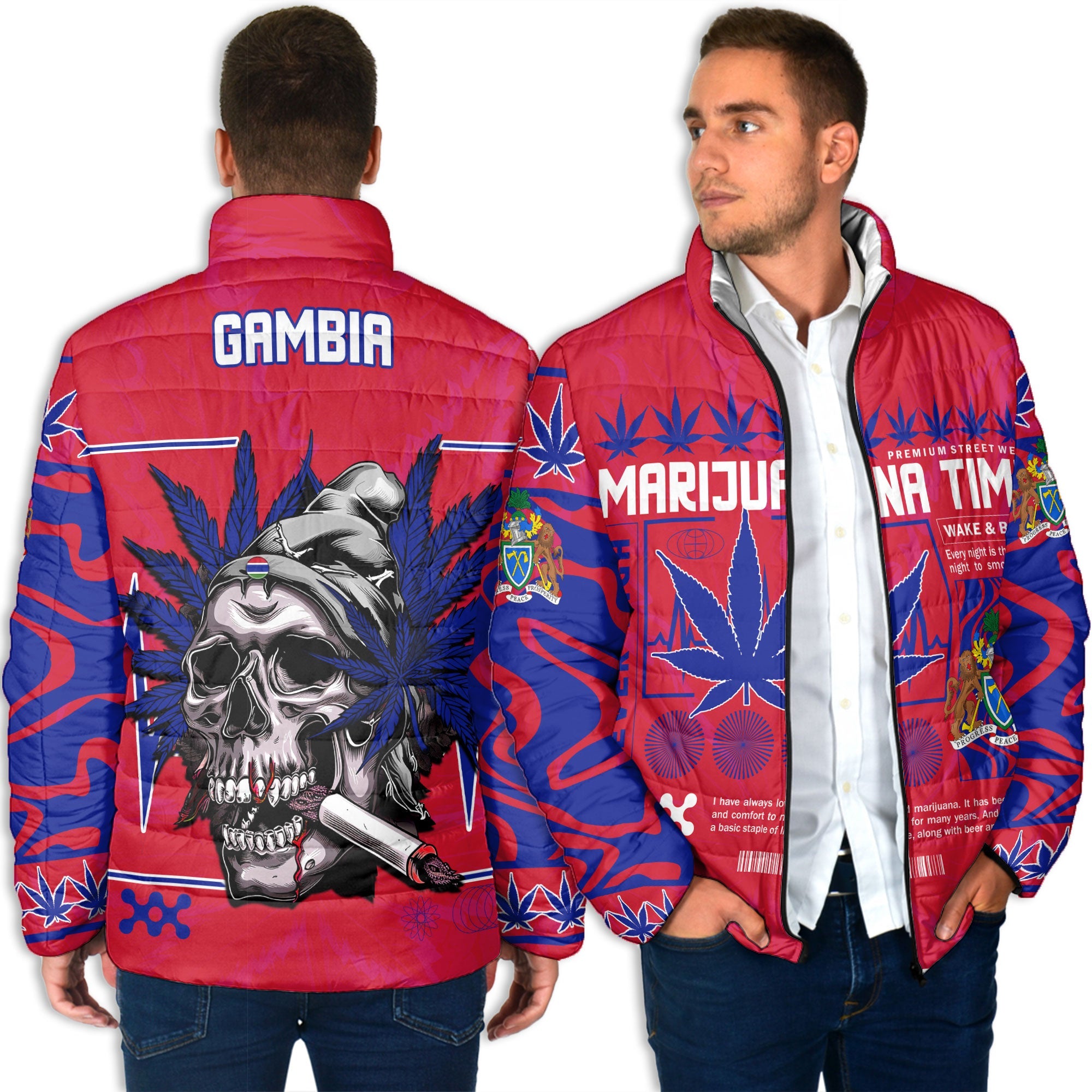 Gambia Men Padded Jacket Flag & Coat Of Arms Marijuanas Style