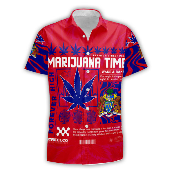 Gambia Short Sleeve Shirt Flag & Coat Of Arms Marijuanas Style