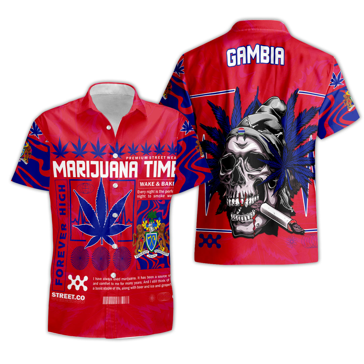 Gambia Short Sleeve Shirt Flag & Coat Of Arms Marijuanas Style