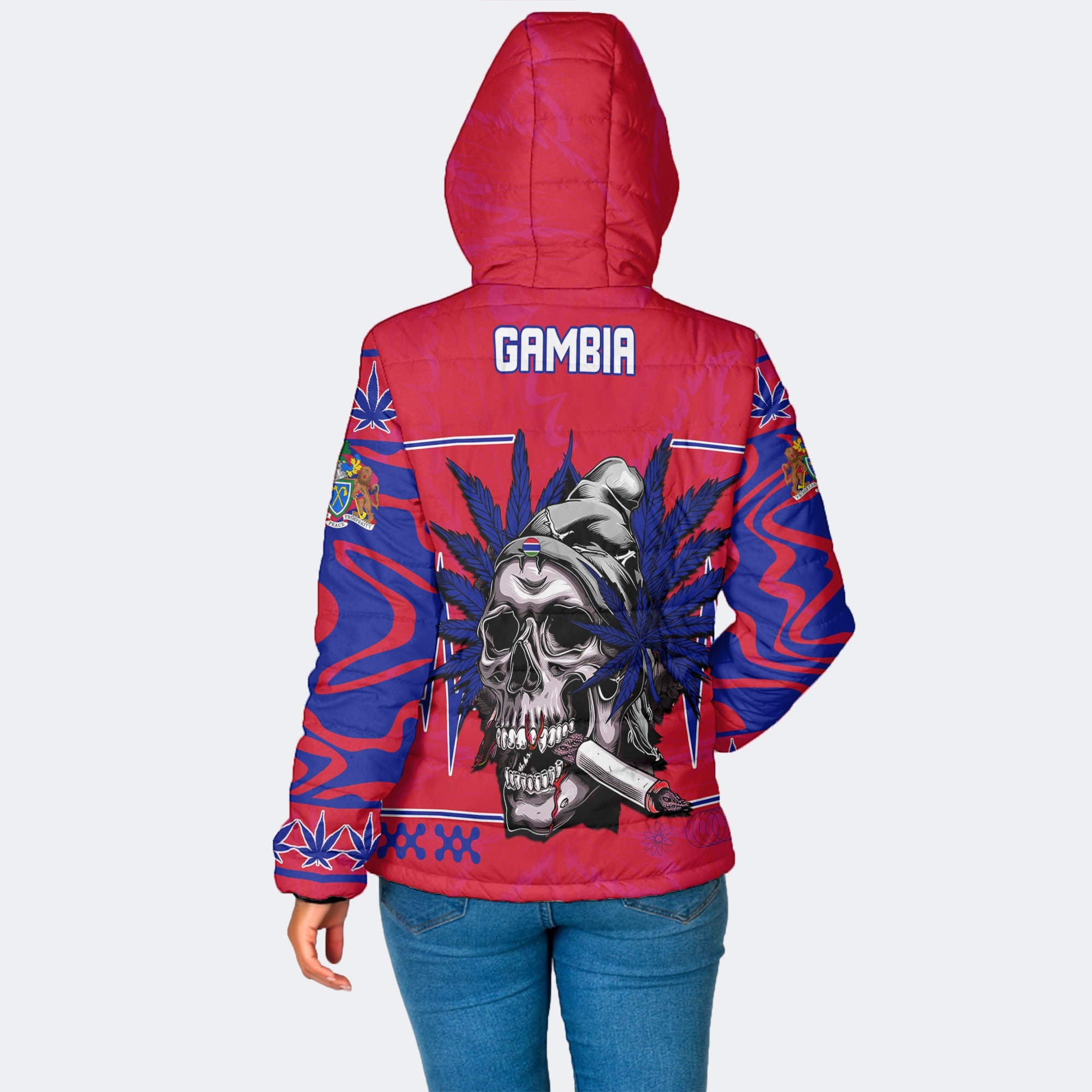 Gambia Women Hooded Padded Jacket Flag & Coat Of Arms Marijuanas Style