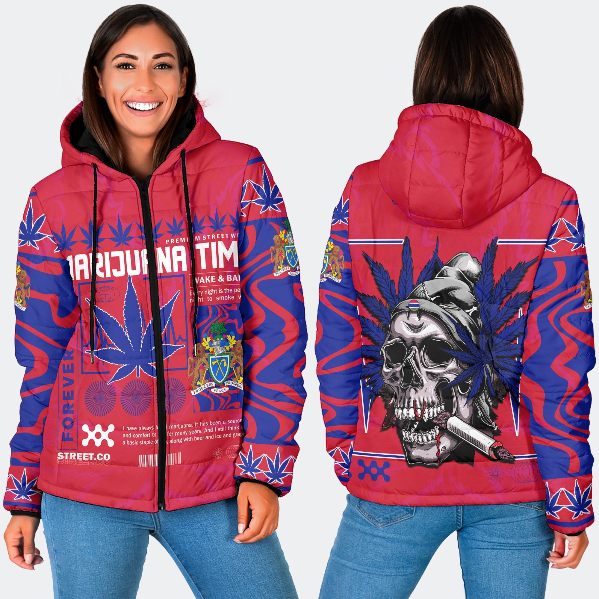 Gambia Women Hooded Padded Jacket Flag & Coat Of Arms Marijuanas Style