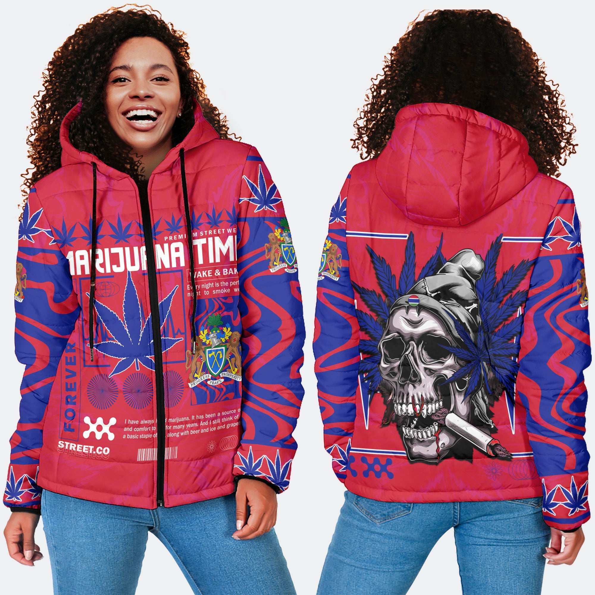 Gambia Women Hooded Padded Jacket Flag & Coat Of Arms Marijuanas Style