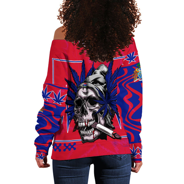 Gambia Women Off Shoulder Sweatshirt Flag & Coat Of Arms Marijuanas Style