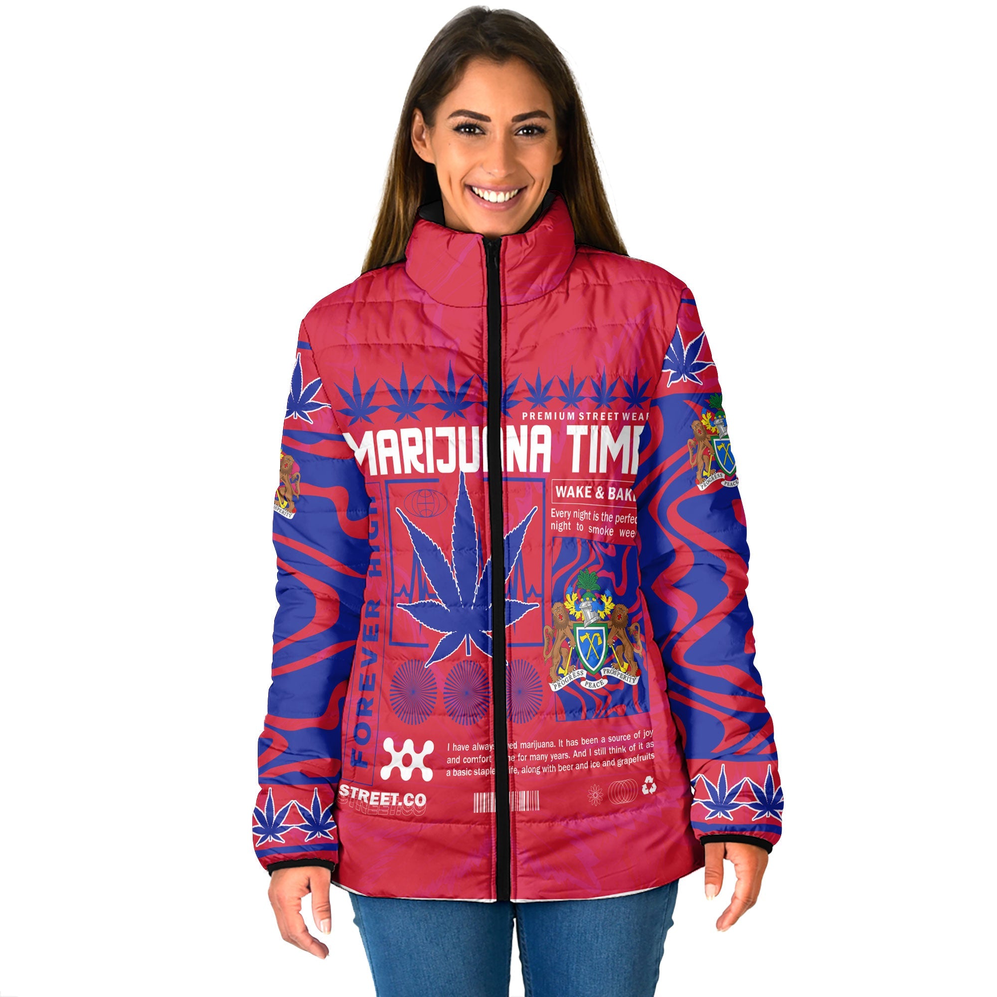 Gambia Women Padded Jacket Flag & Coat Of Arms Marijuanas Style