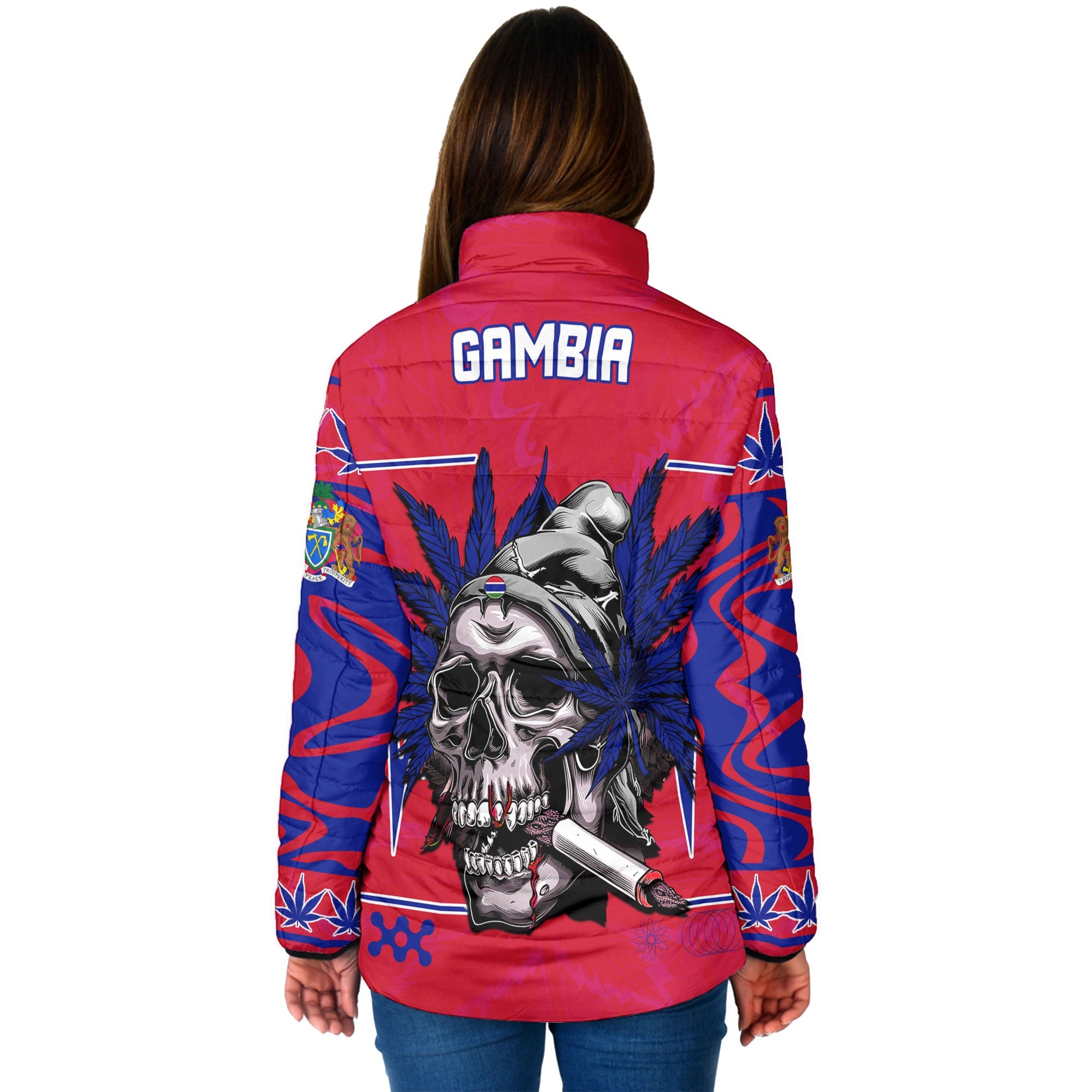 Gambia Women Padded Jacket Flag & Coat Of Arms Marijuanas Style