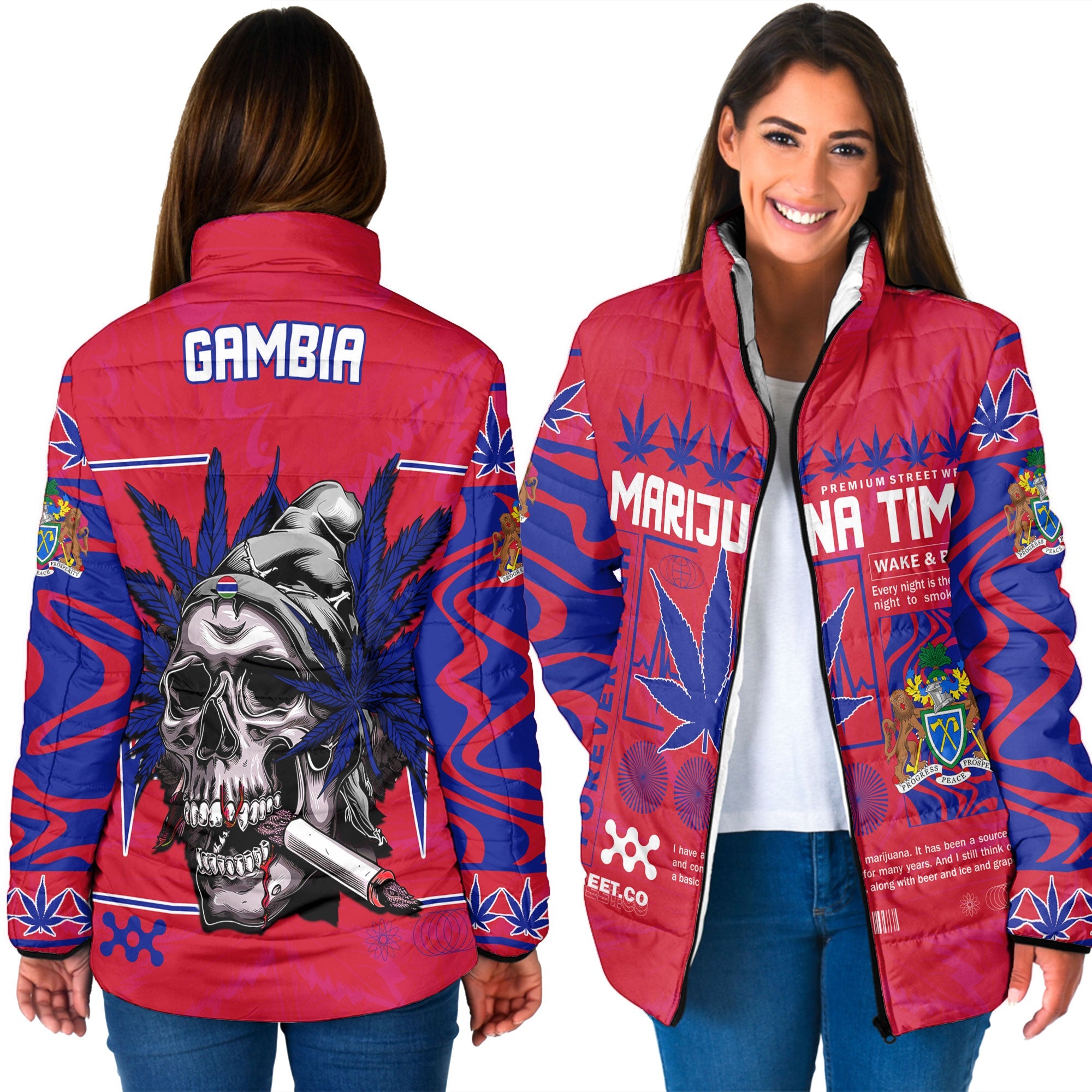 Gambia Women Padded Jacket Flag & Coat Of Arms Marijuanas Style