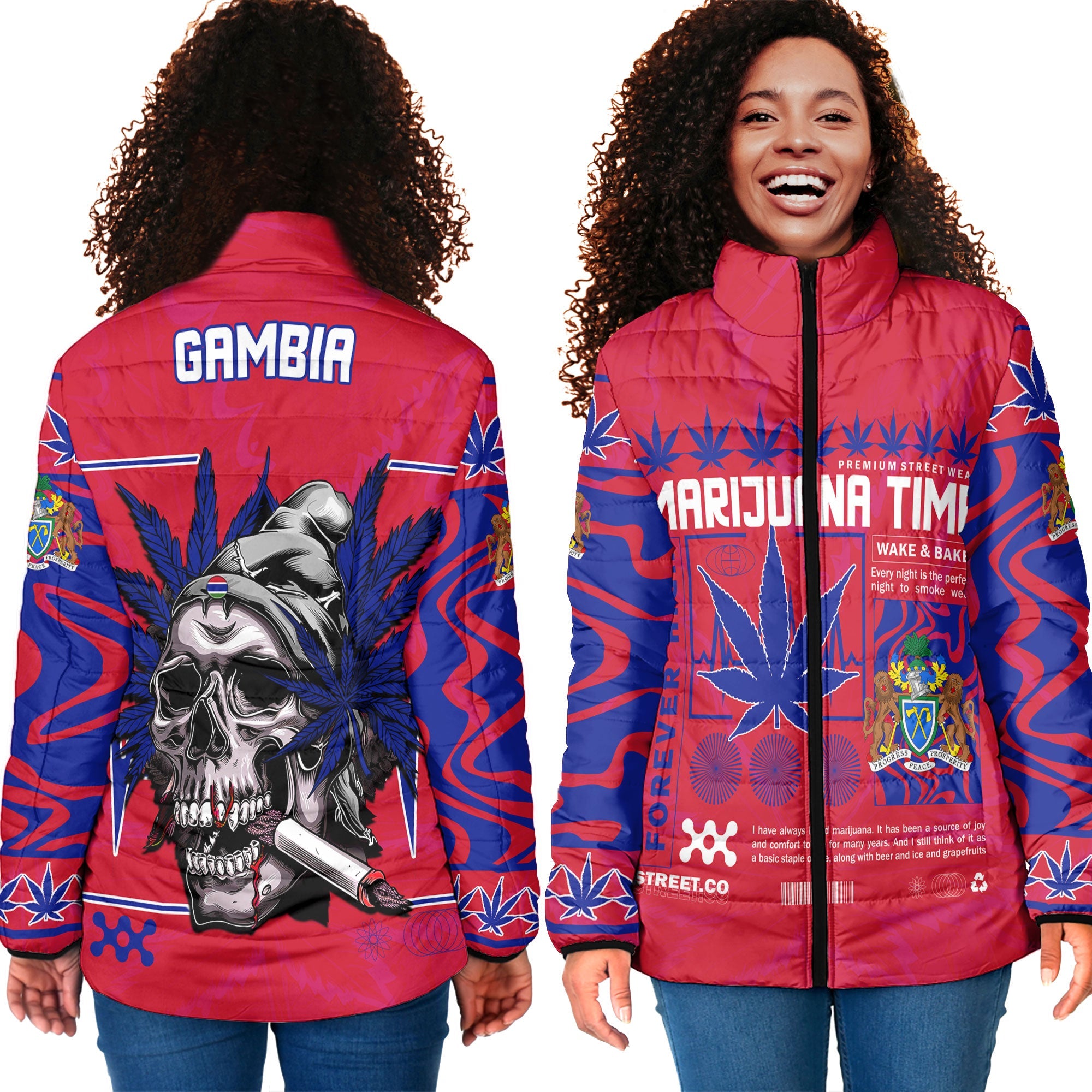 Gambia Women Padded Jacket Flag & Coat Of Arms Marijuanas Style