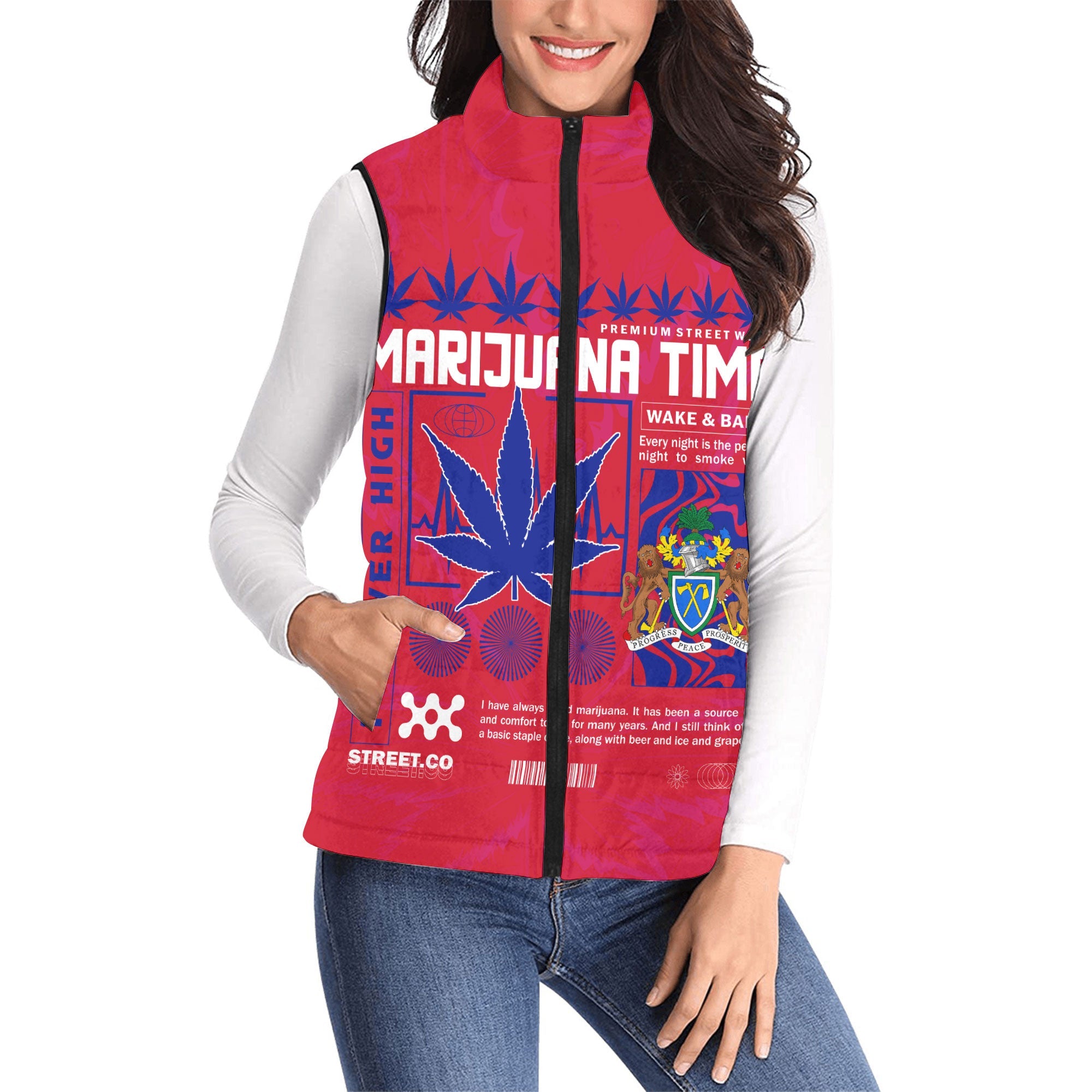 Gambia Women Padded Jacket Vest Flag & Coat Of Arms Marijuanas Style