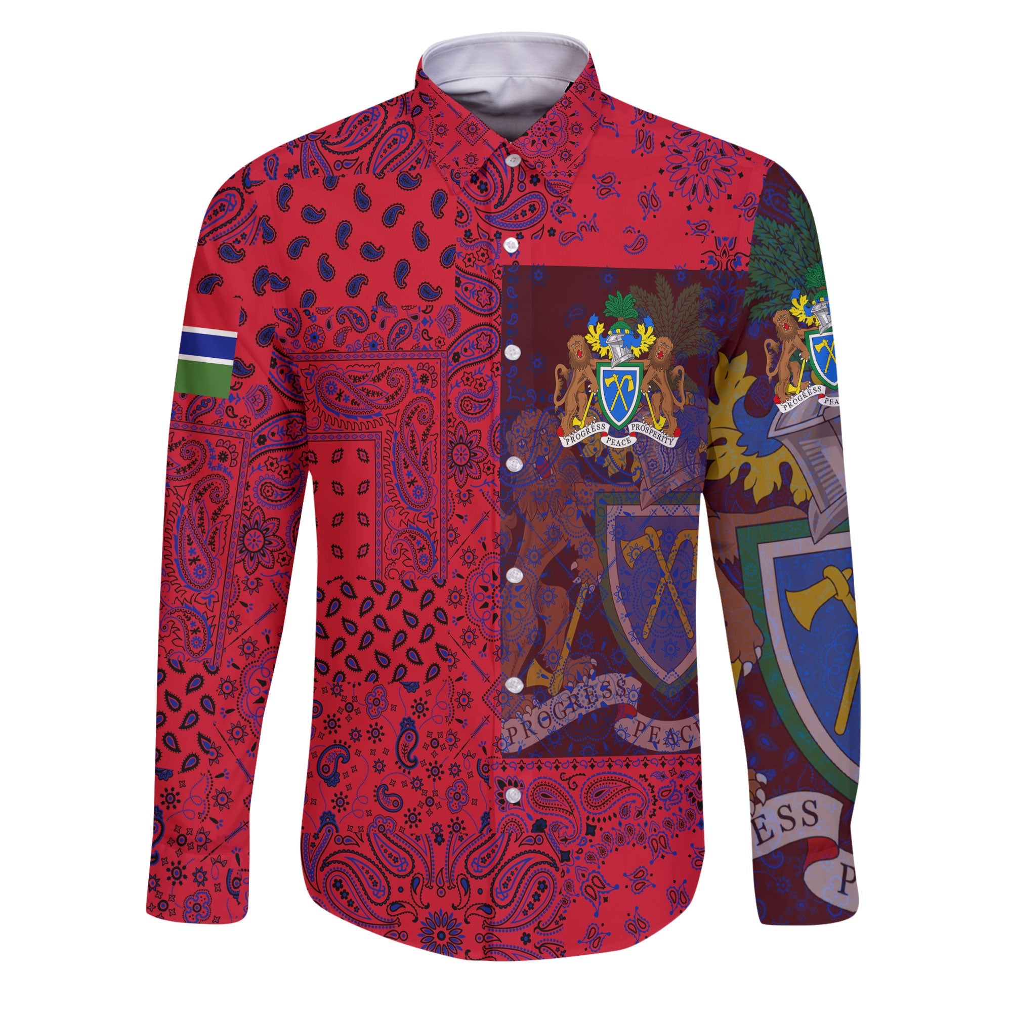 Gambia Long Sleeve Button Shirt Paisley Flag And Skull Style 1