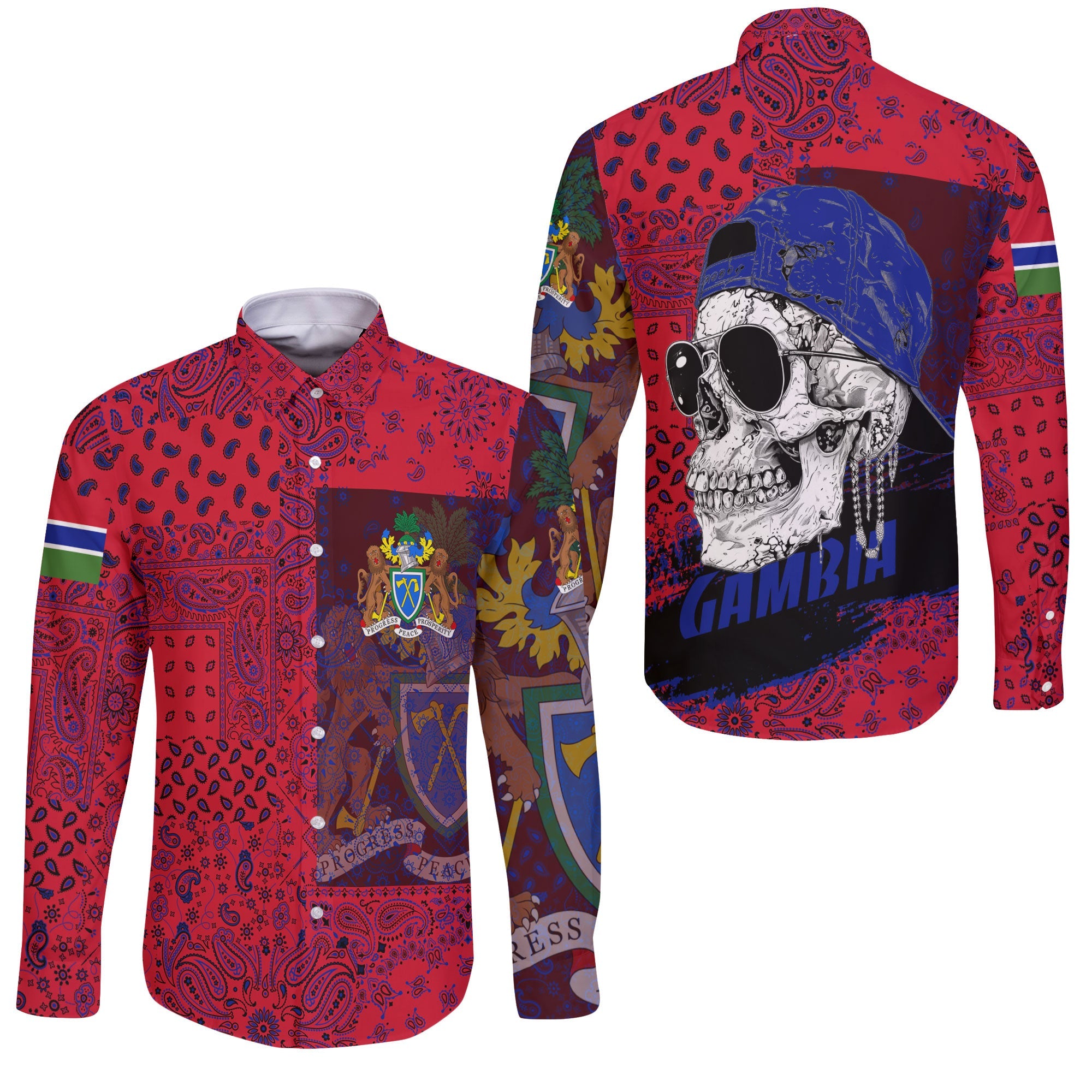 Gambia Long Sleeve Button Shirt Paisley Flag And Skull Style 3