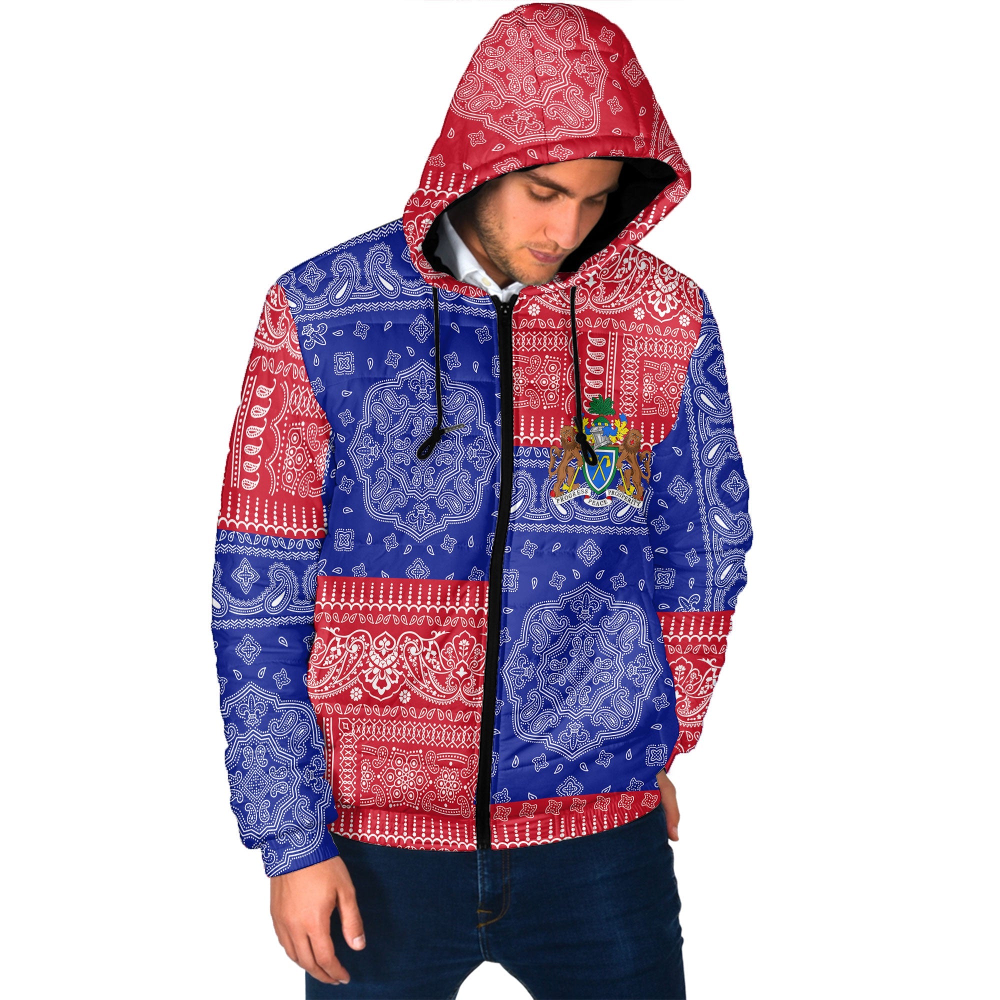 Gambia Men Hooded Padded Jacket Flag And Paisley Basic Style 2