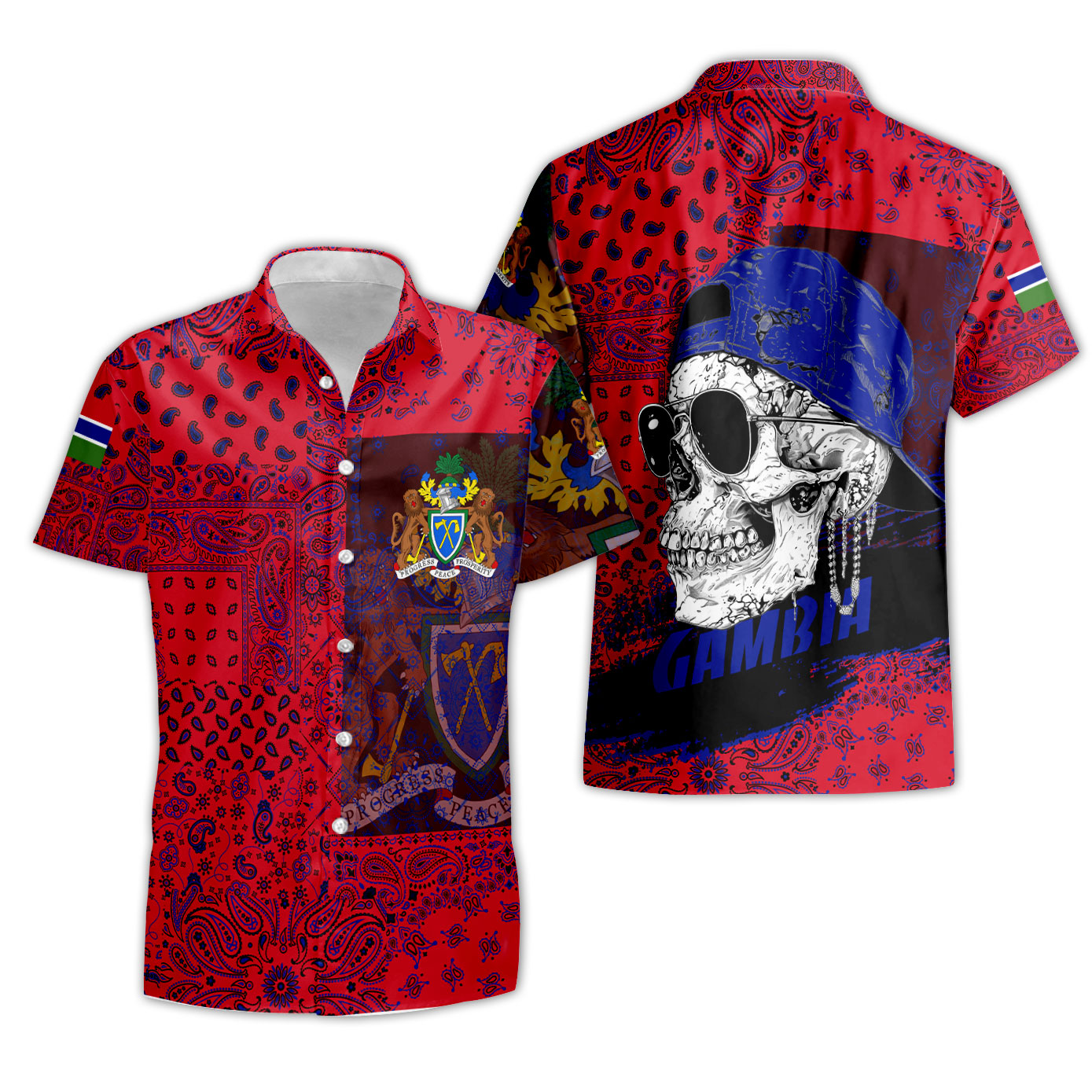 Gambia Short Sleeve Shirt Paisley Flag And Skull Style 3