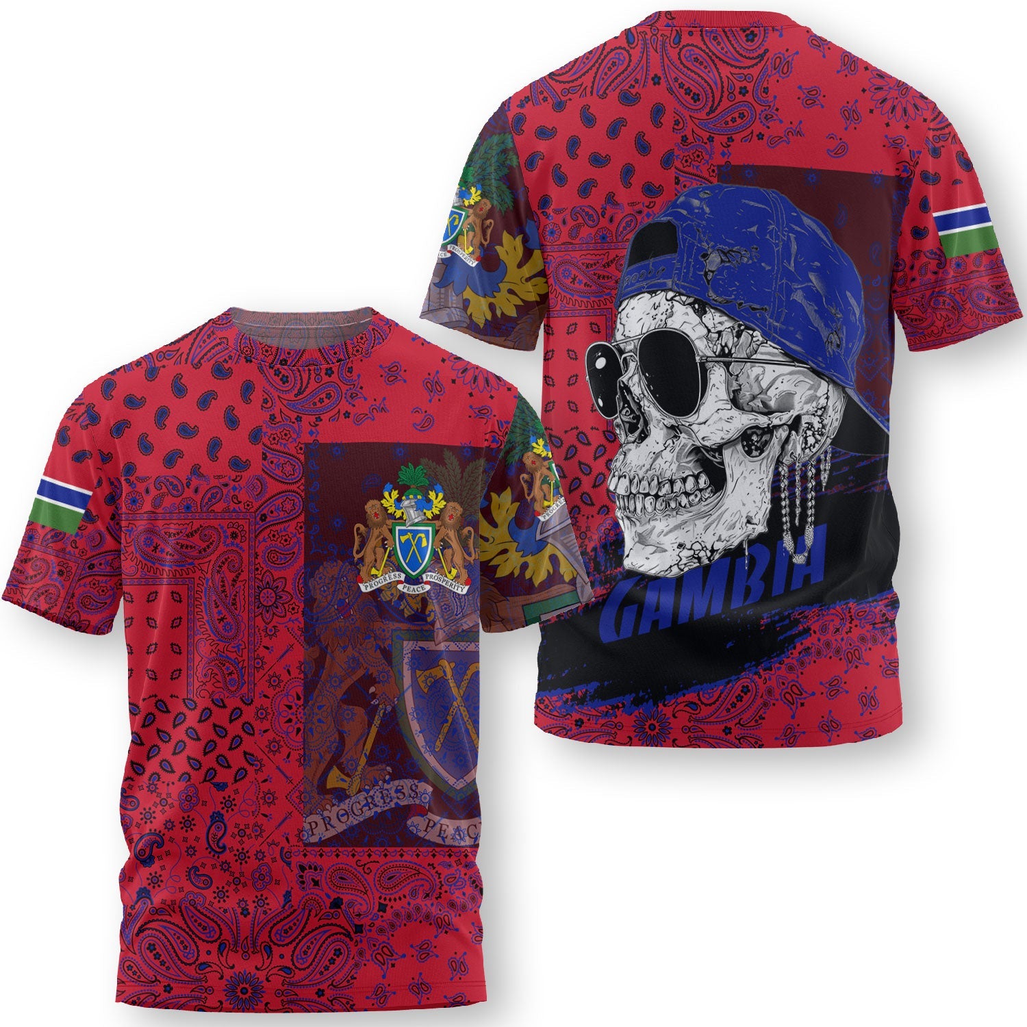 Gambia T Shirt Paisley Flag And Skull Style 3