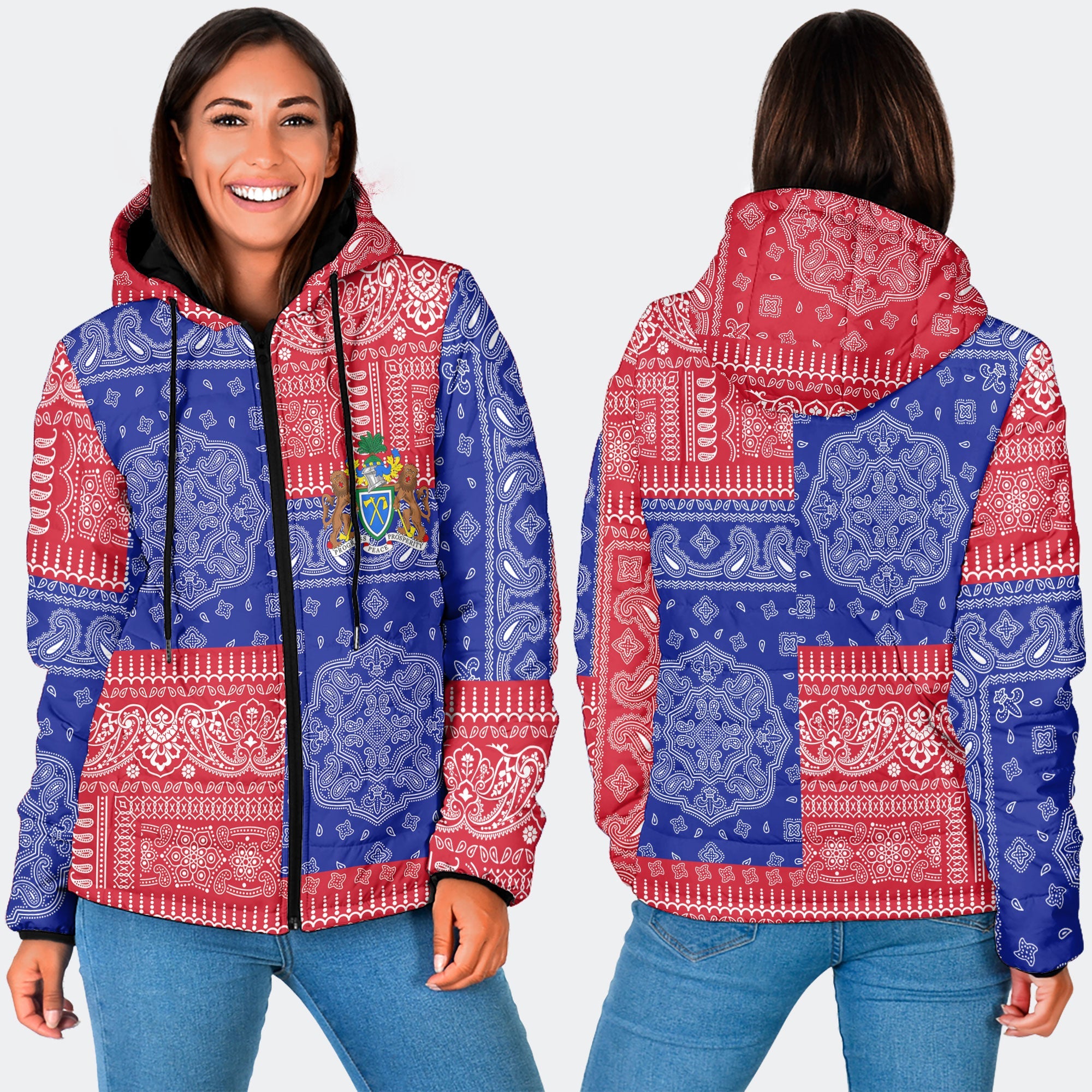 Gambia Women Hooded Padded Jacket Flag And Paisley Basic Style 3