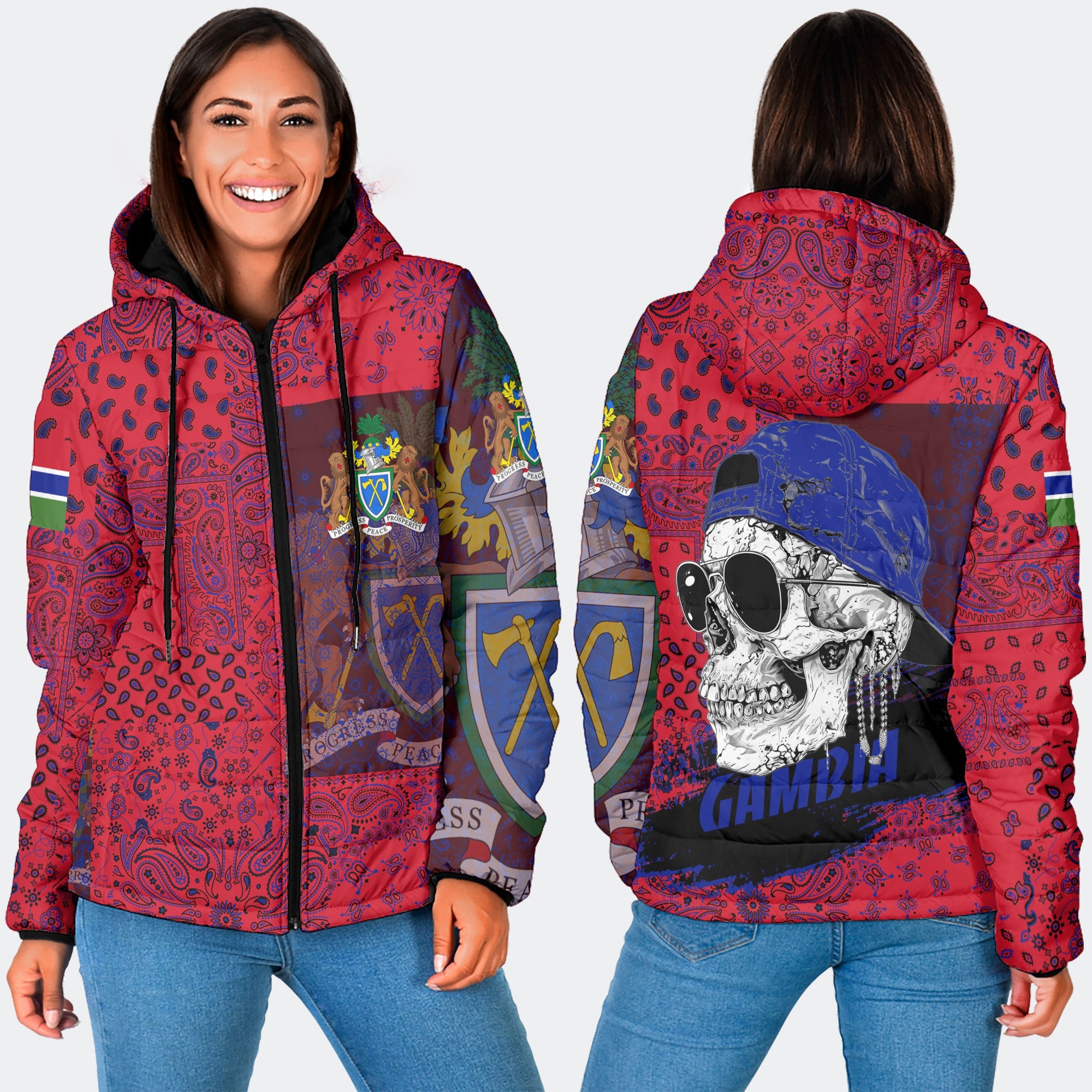 Gambia Women Hooded Padded Jacket Paisley Flag And Skull Style 3