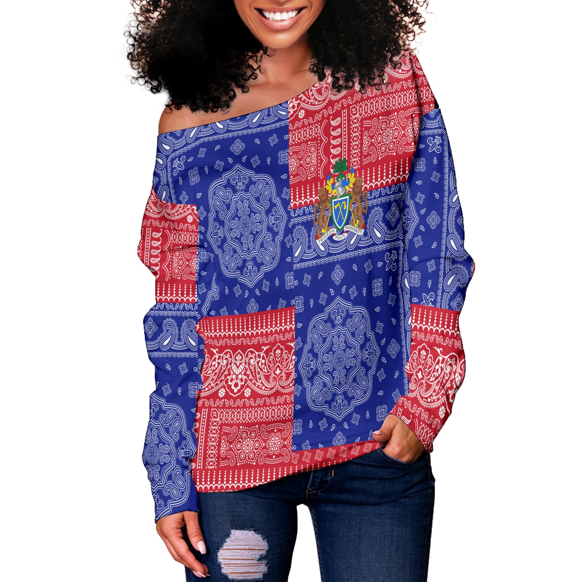 Gambia Women Off Shoulder Sweatshirt Flag And Paisley Basic Style 2