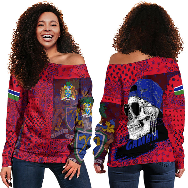 Gambia Women Off Shoulder Sweatshirt Paisley Flag And Skull Style 1