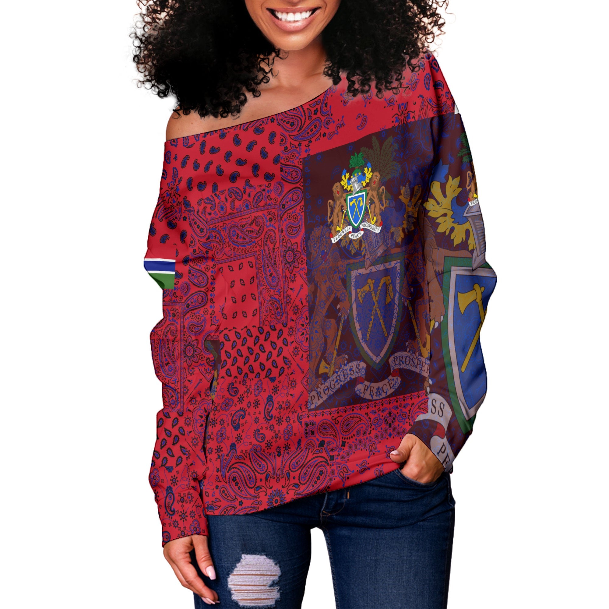 Gambia Women Off Shoulder Sweatshirt Paisley Flag And Skull Style 2