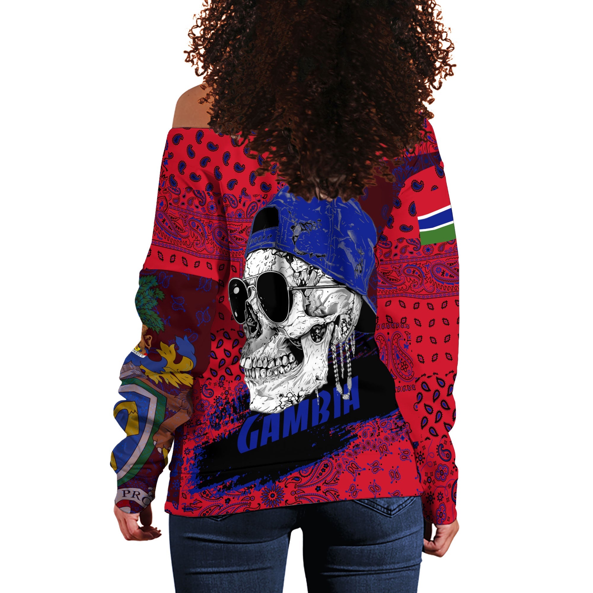 Gambia Women Off Shoulder Sweatshirt Paisley Flag And Skull Style 3