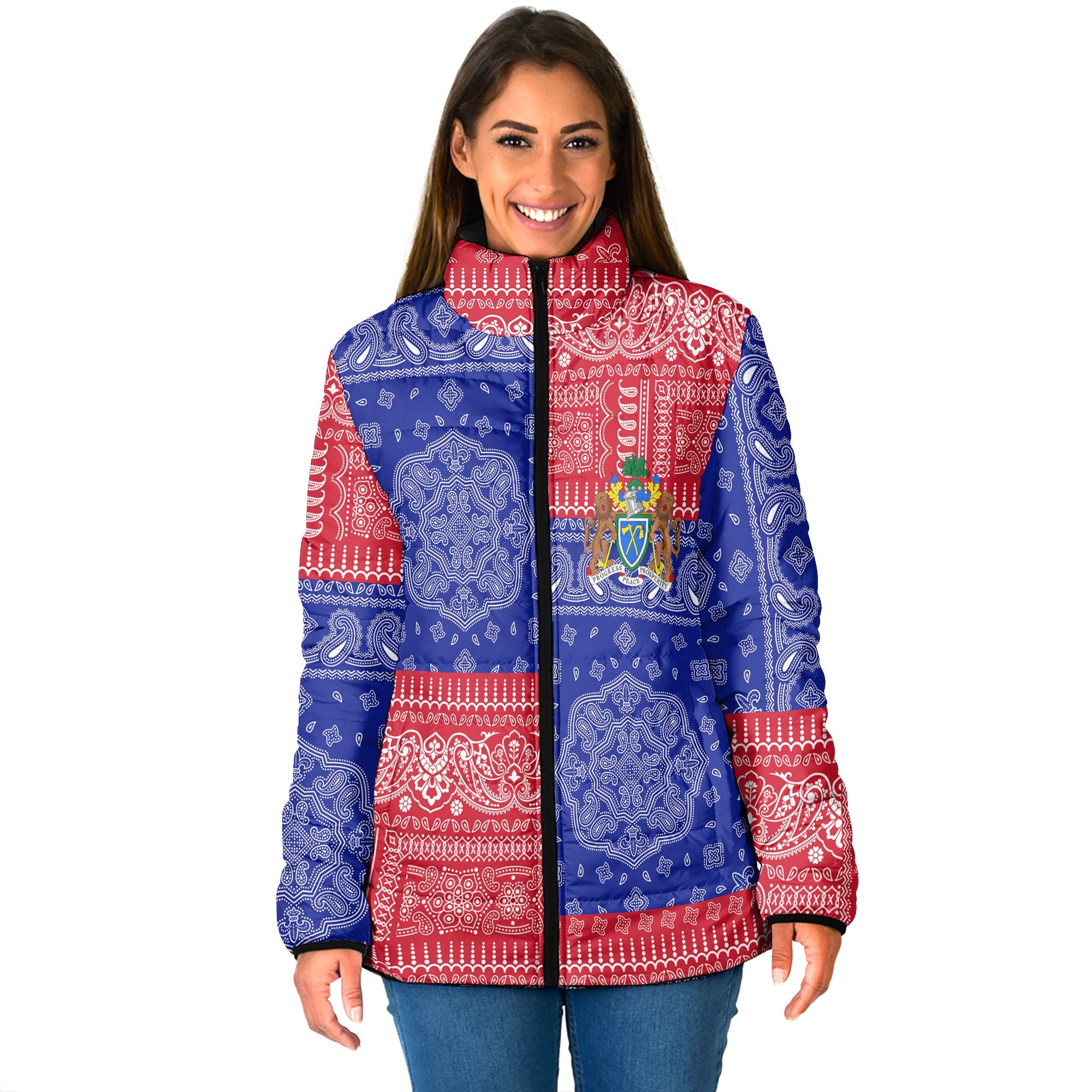 Gambia Women Padded Jacket Flag And Paisley Basic Style 1