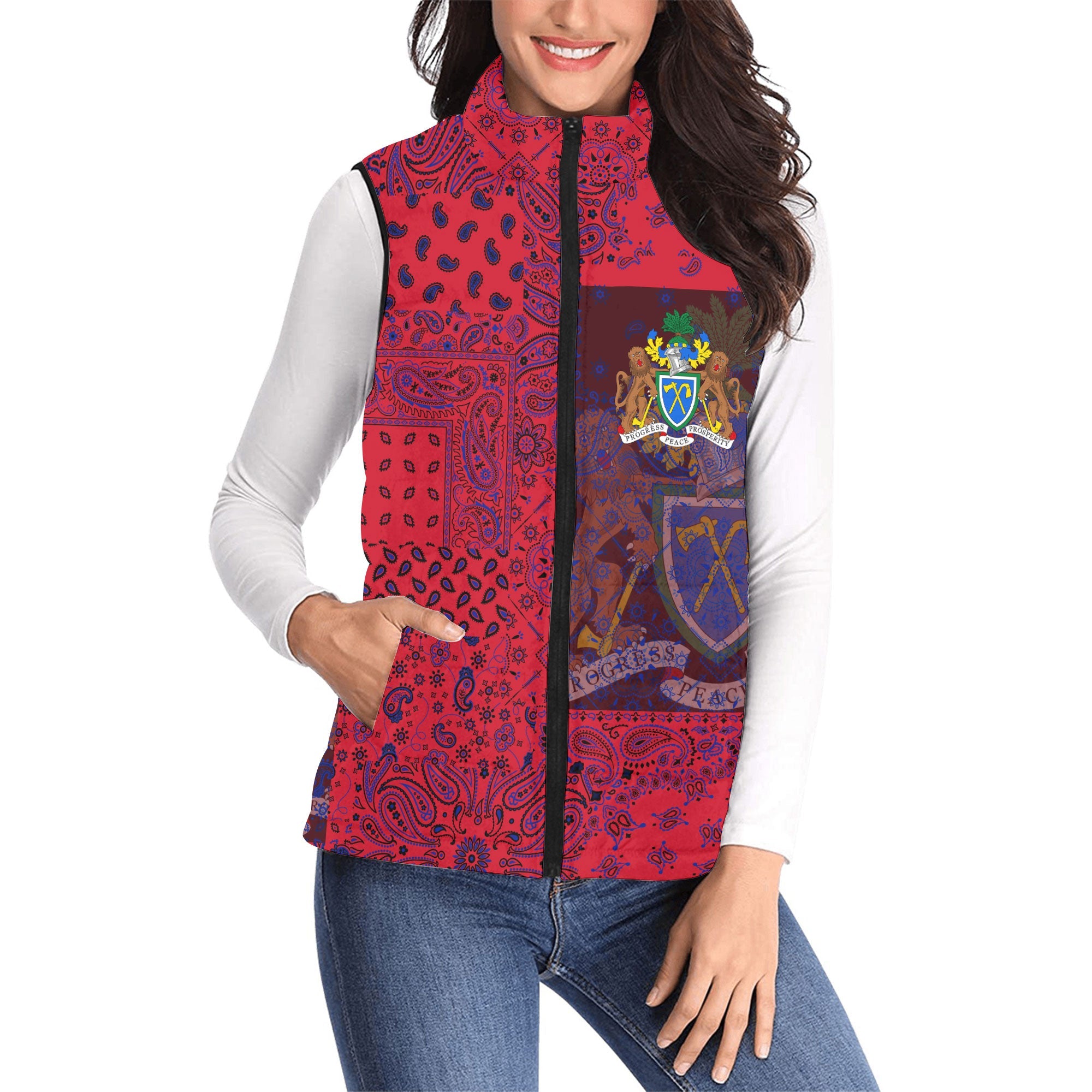 Gambia Women Padded Jacket Vest Paisley Flag And Skull Style 1