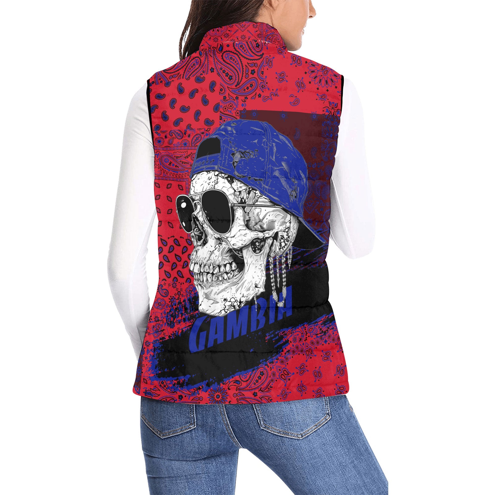 Gambia Women Padded Jacket Vest Paisley Flag And Skull Style 2