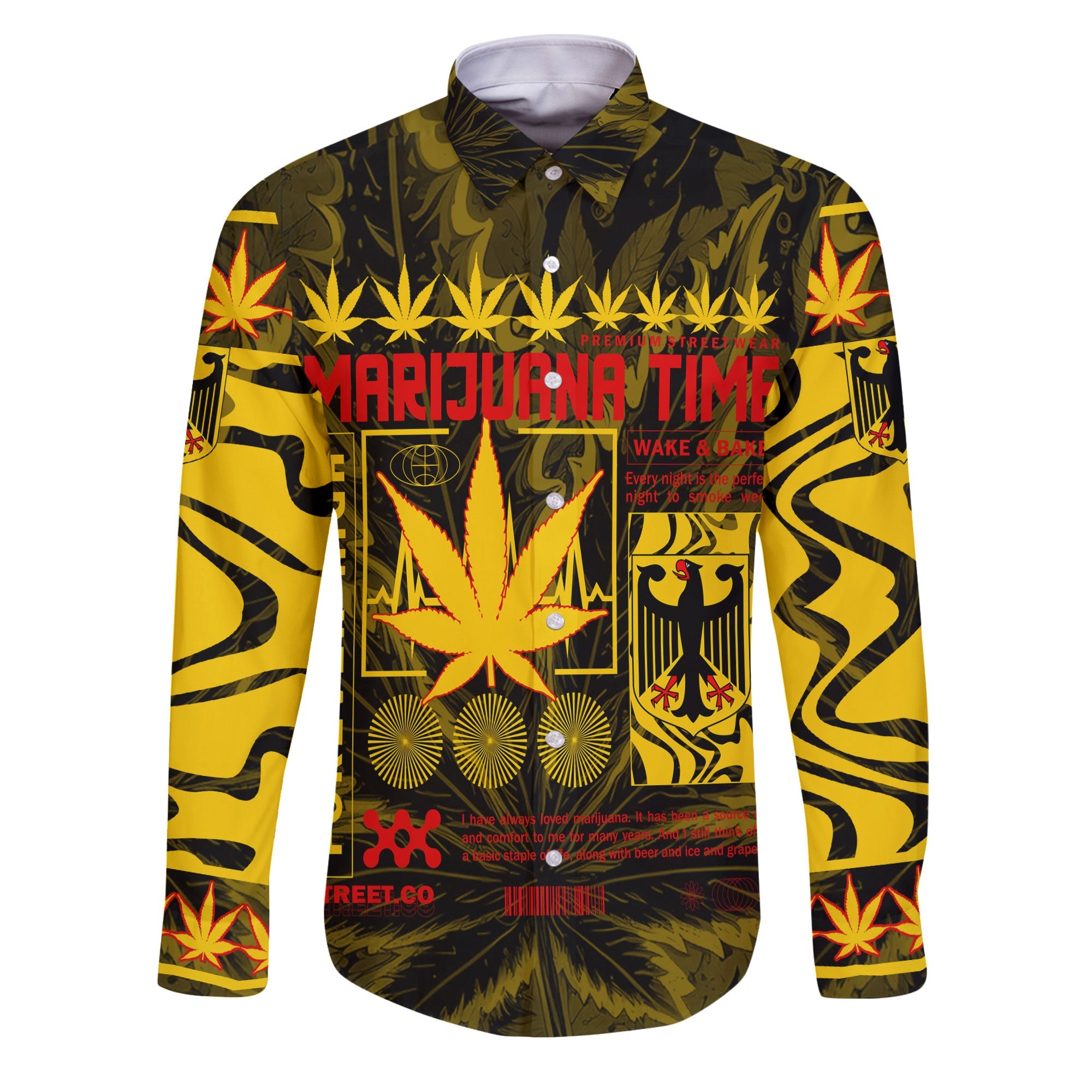 Germany Long Sleeve Button Shirt Flag & Coat Of Arms Marijuanas Style