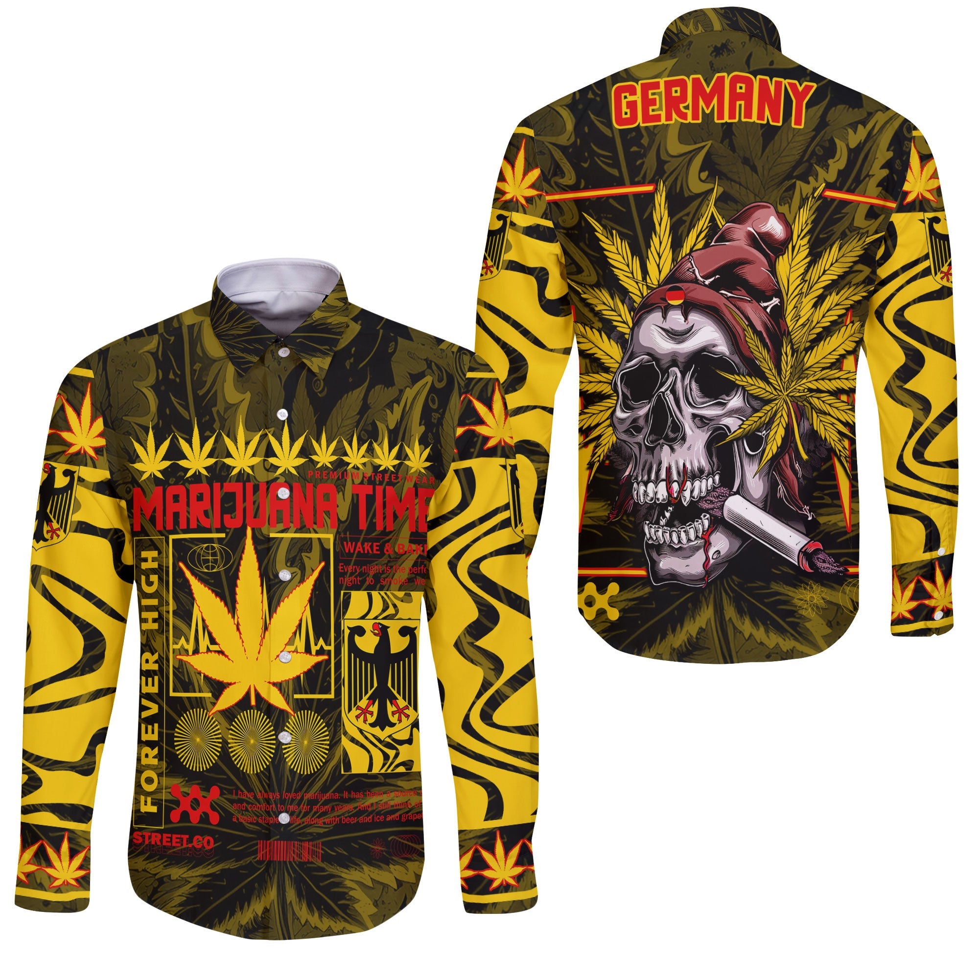 Germany Long Sleeve Button Shirt Flag & Coat Of Arms Marijuanas Style