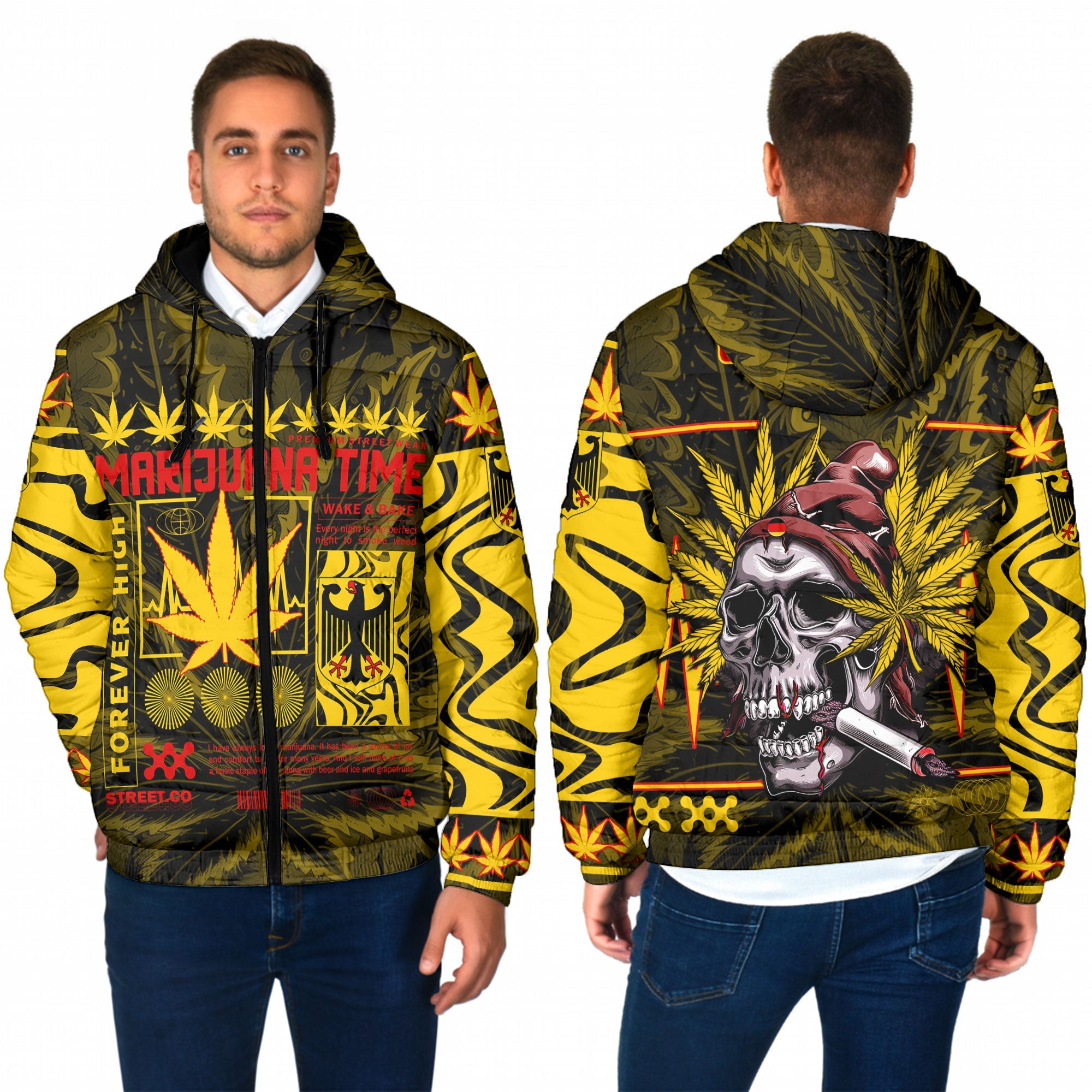 Germany Men Hooded Padded Jacket Flag & Coat Of Arms Marijuanas Style