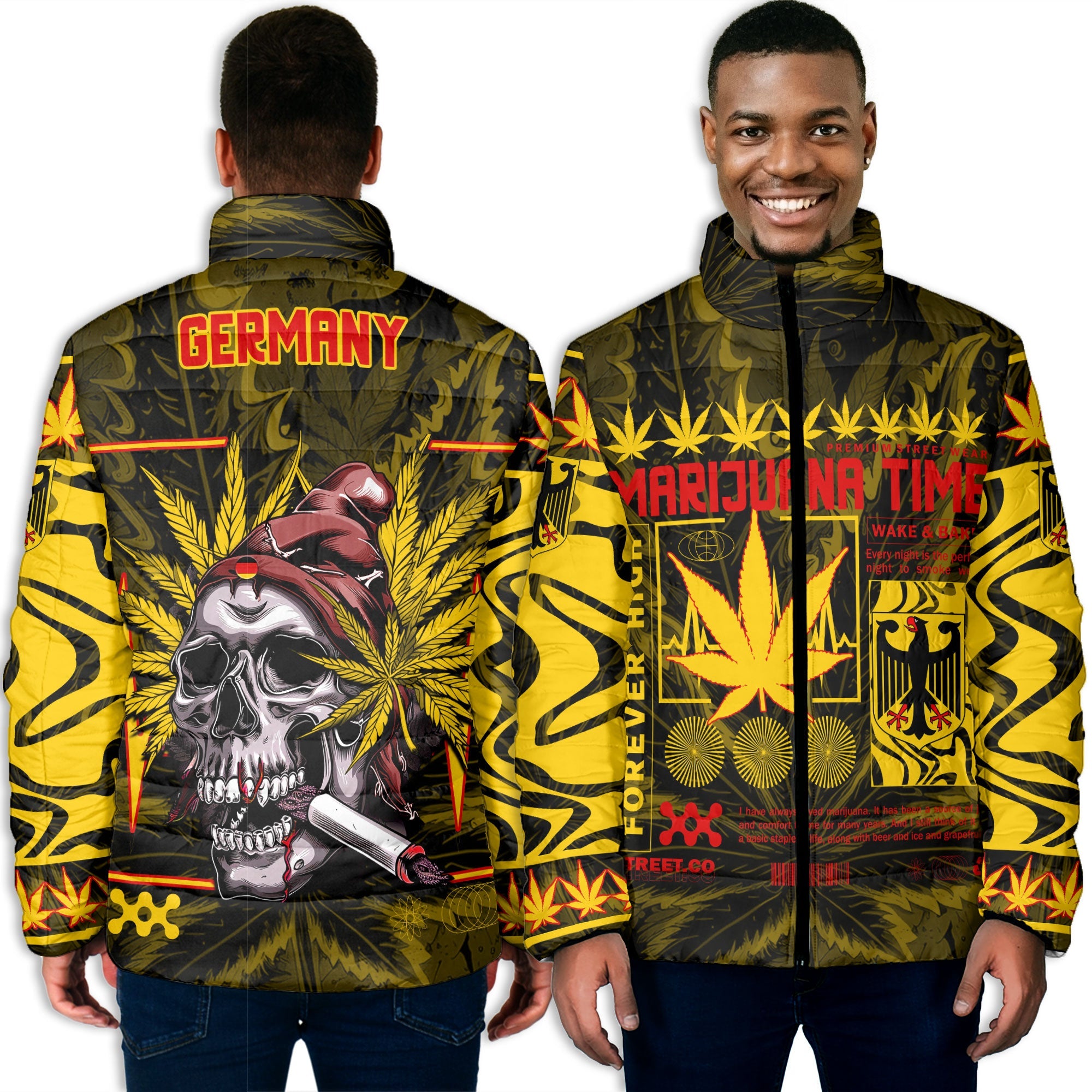 Germany Men Padded Jacket Flag & Coat Of Arms Marijuanas Style