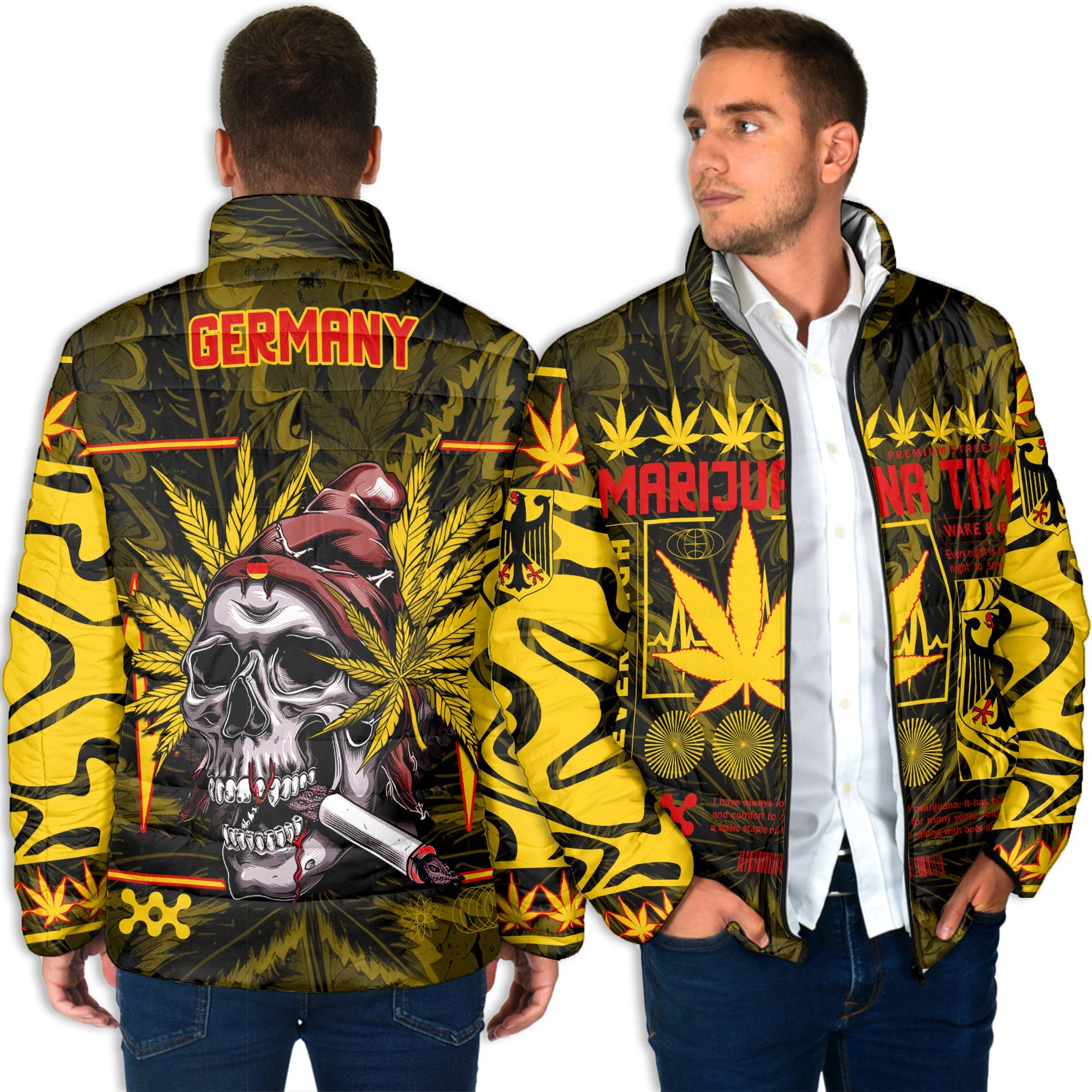 Germany Men Padded Jacket Flag & Coat Of Arms Marijuanas Style