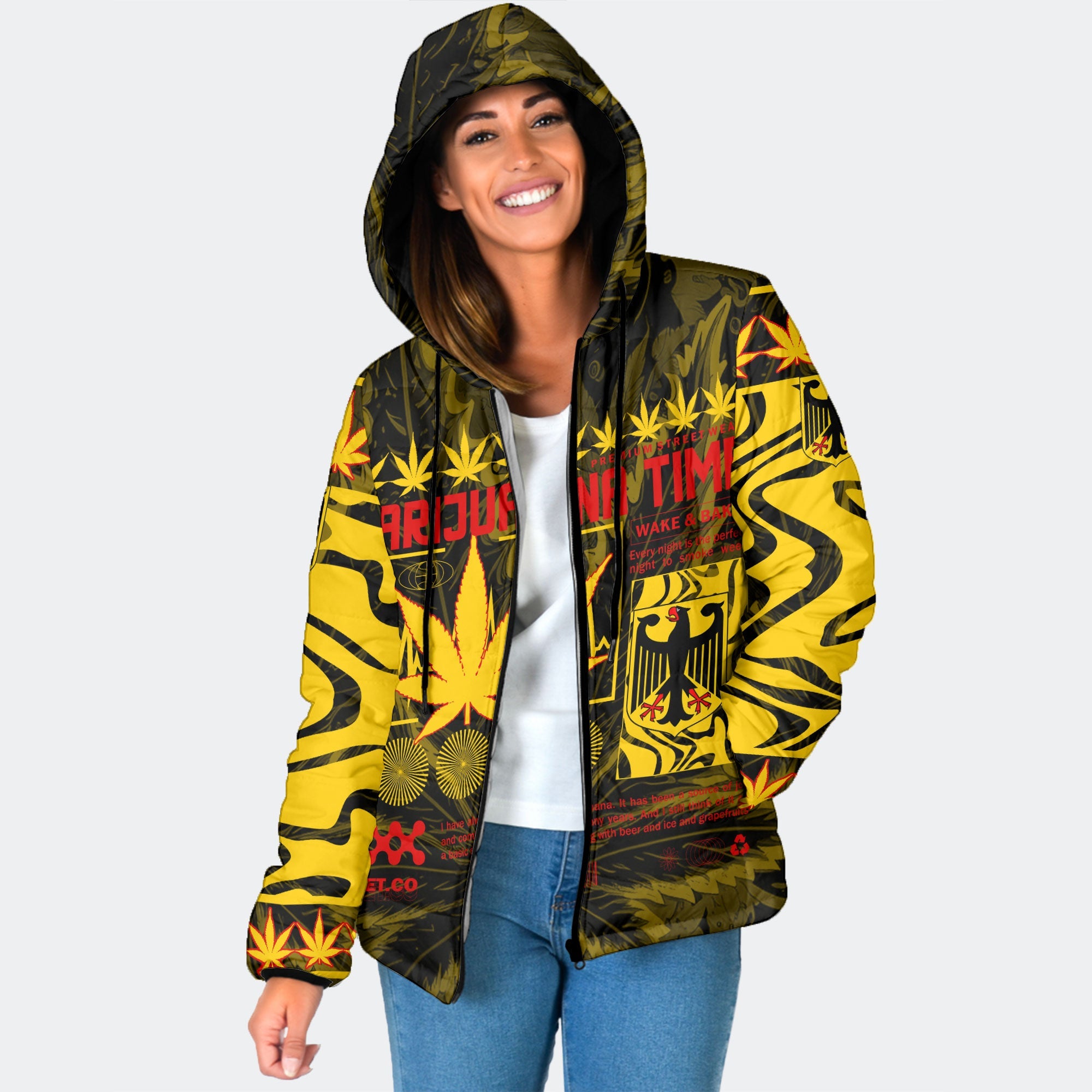 Germany Women Hooded Padded Jacket Flag & Coat Of Arms Marijuanas Style