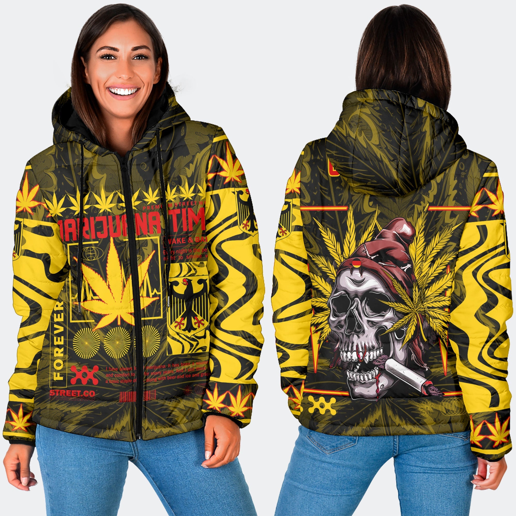 Germany Women Hooded Padded Jacket Flag & Coat Of Arms Marijuanas Style