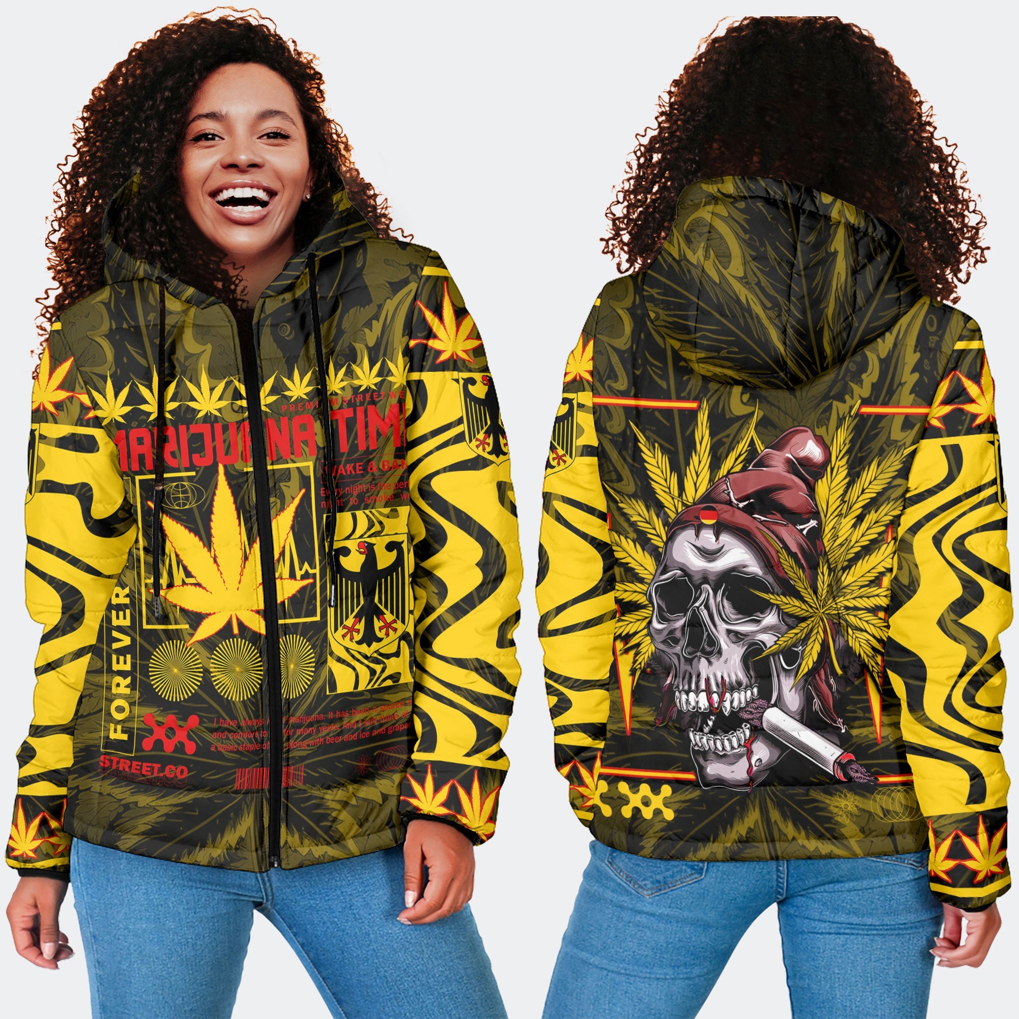 Germany Women Hooded Padded Jacket Flag & Coat Of Arms Marijuanas Style