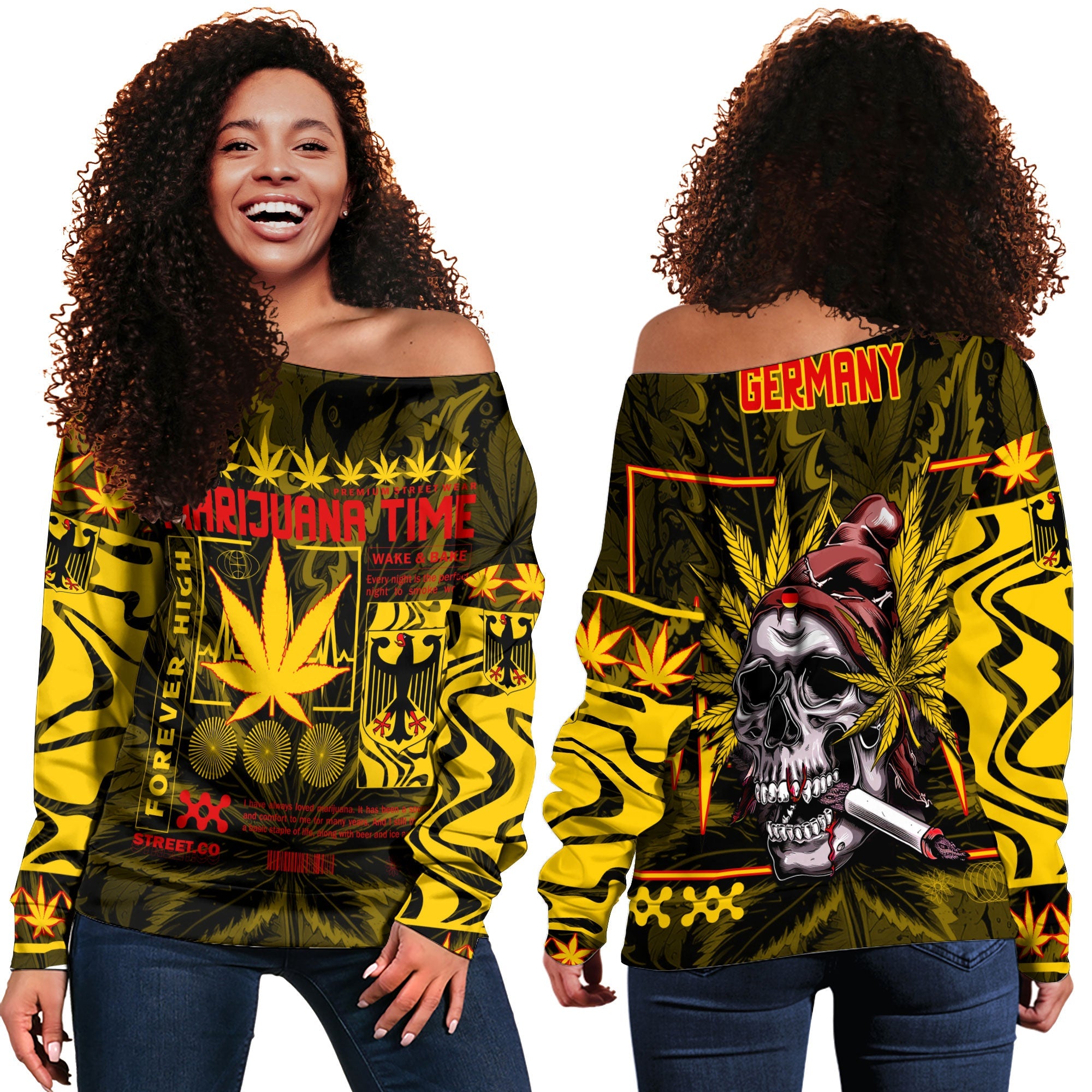 Germany Women Off Shoulder Sweatshirt Flag & Coat Of Arms Marijuanas Style