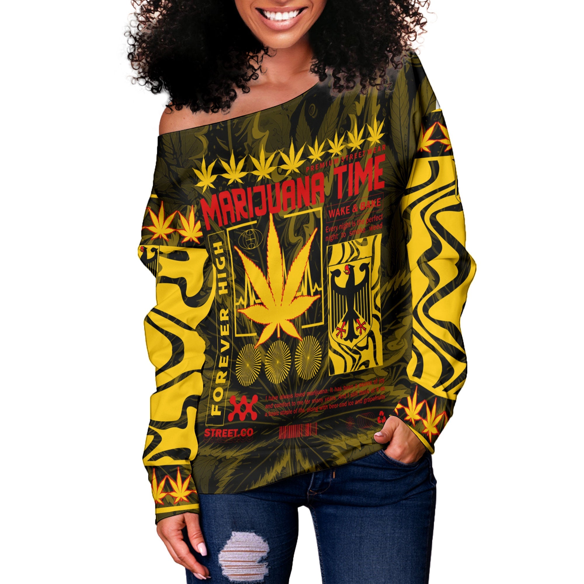 Germany Women Off Shoulder Sweatshirt Flag & Coat Of Arms Marijuanas Style